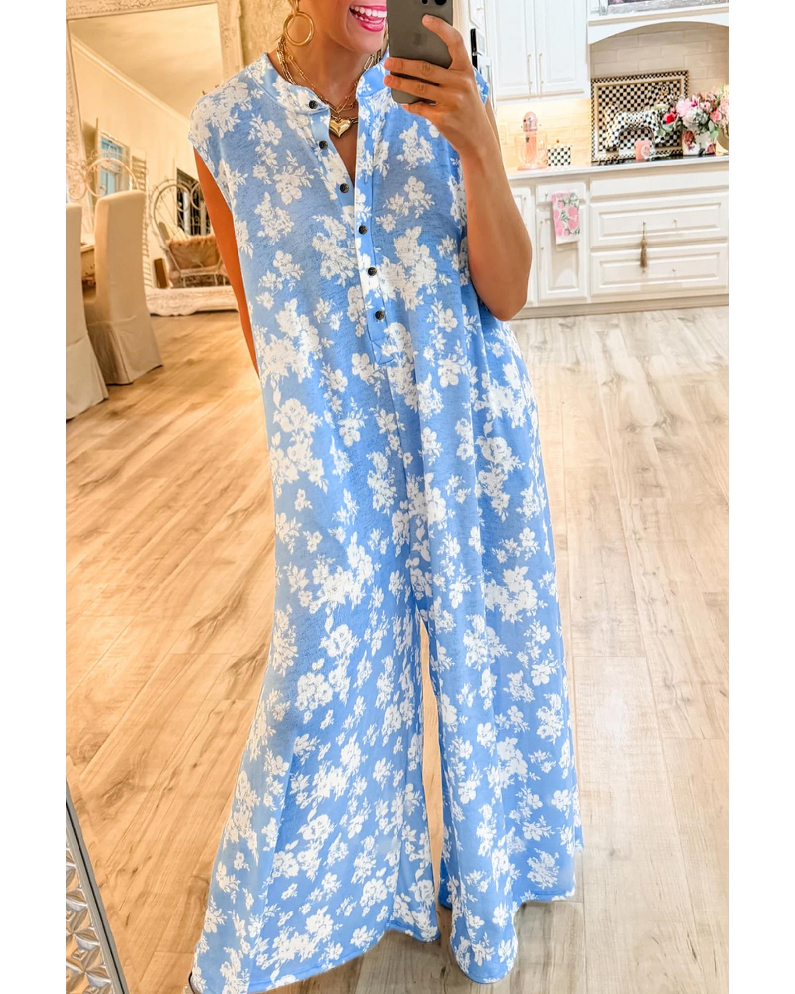 Myosotis Floral Print Half Button Wide Leg Relaxed Sleeveless Jumpsuit - L