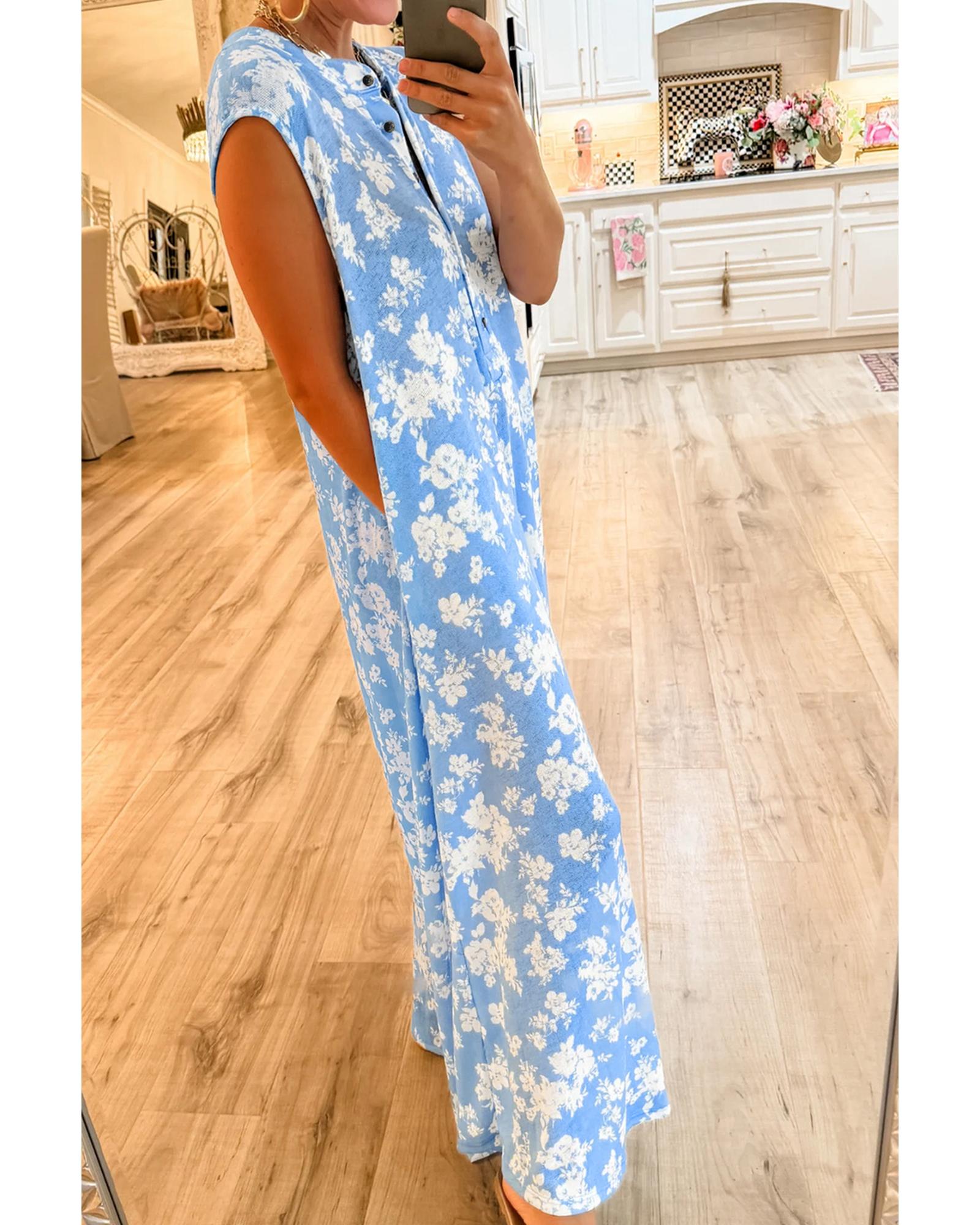 Myosotis Floral Print Half Button Wide Leg Relaxed Sleeveless Jumpsuit - L