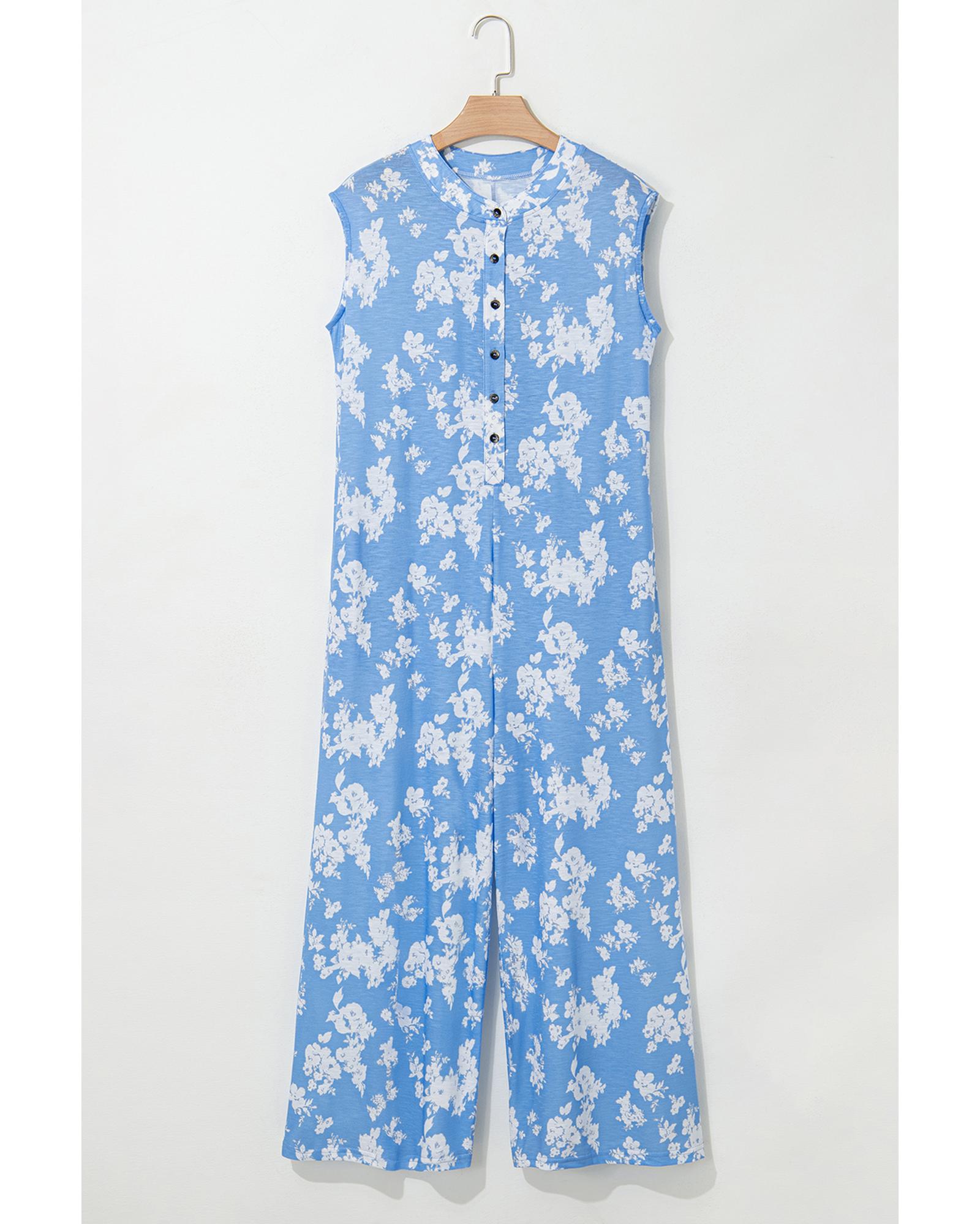 Myosotis Floral Print Half Button Wide Leg Relaxed Sleeveless Jumpsuit - M