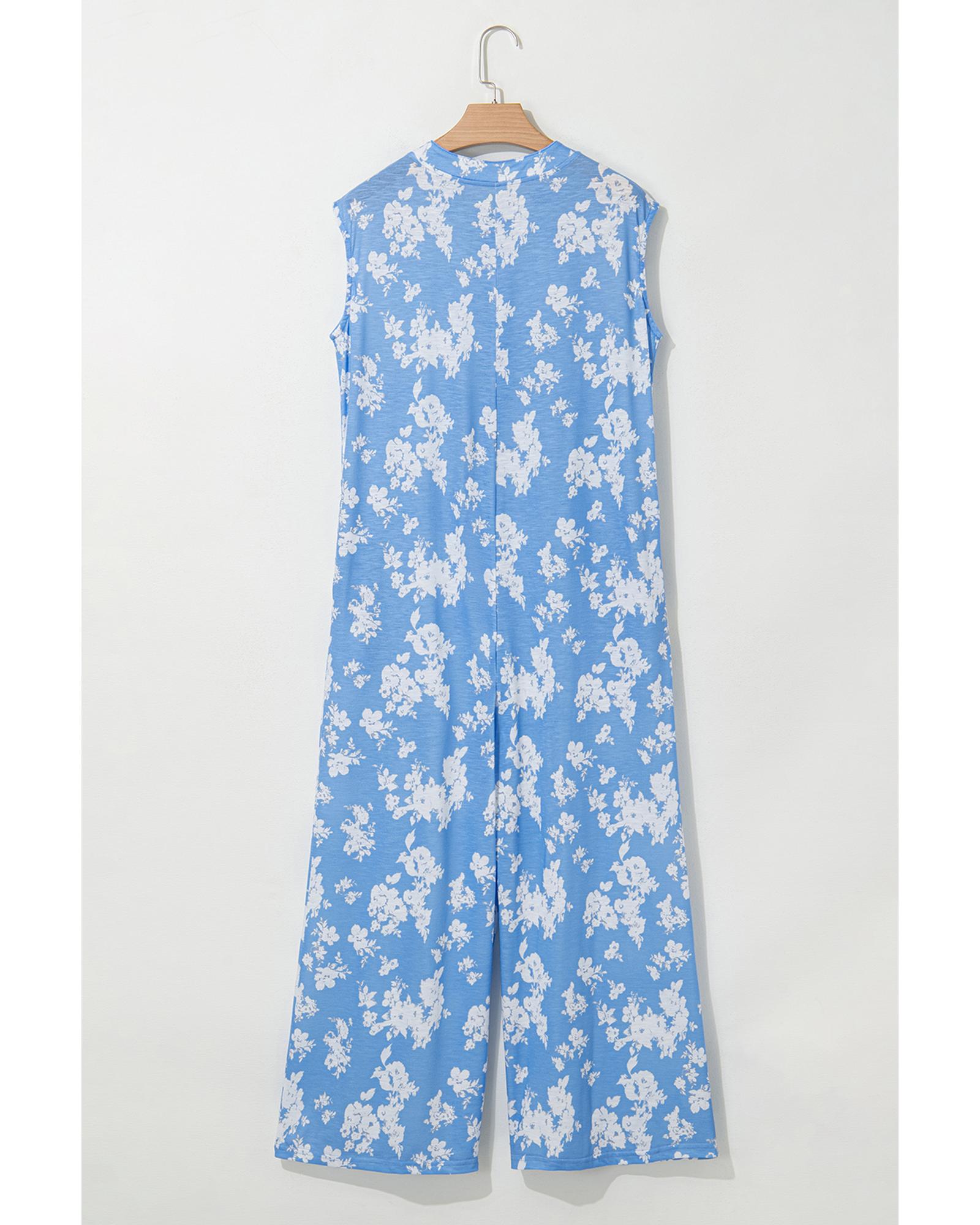Myosotis Floral Print Half Button Wide Leg Relaxed Sleeveless Jumpsuit - M