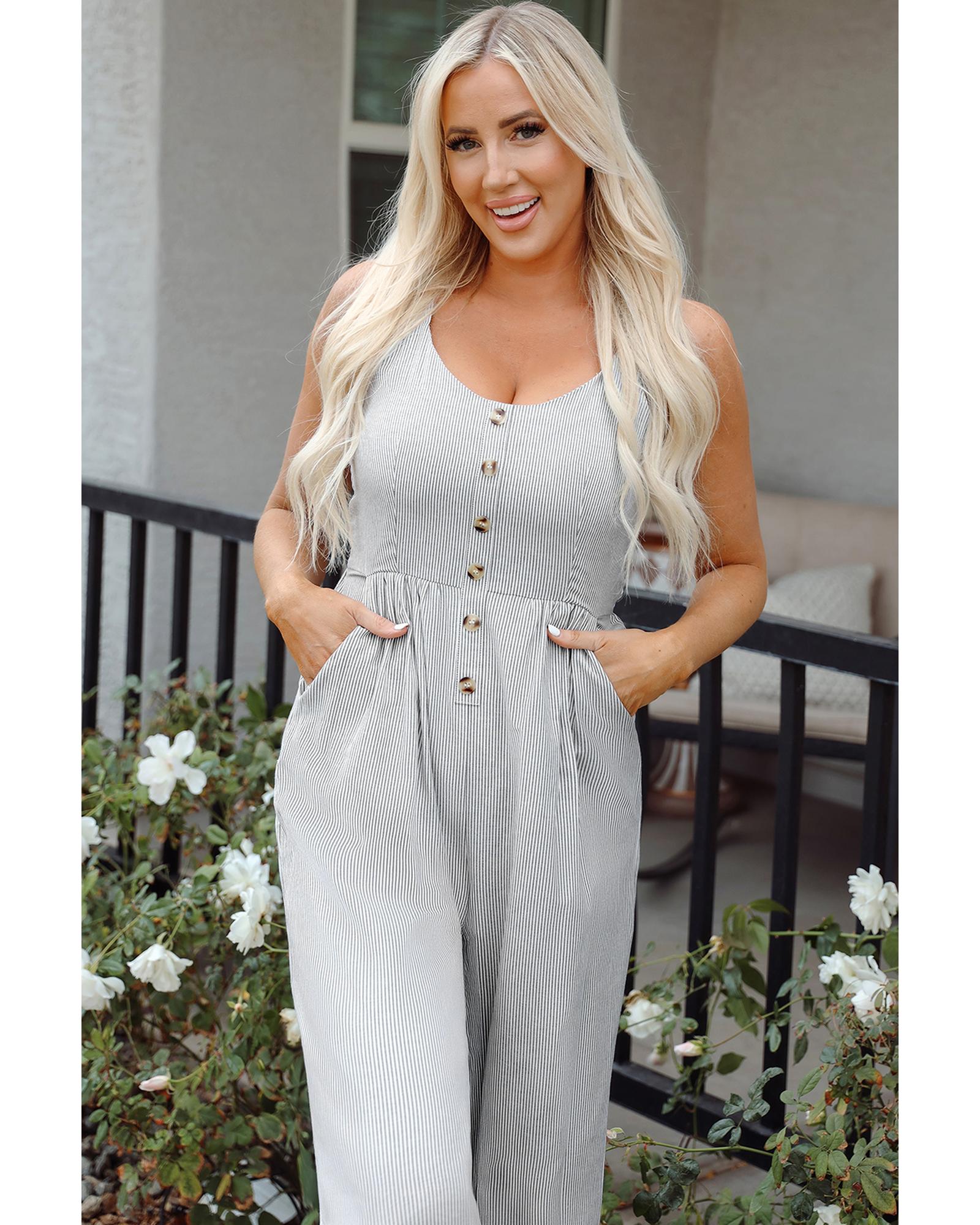 Black Stripe Half Buttoned Sleeveless Wide Leg Jumpsuit - S