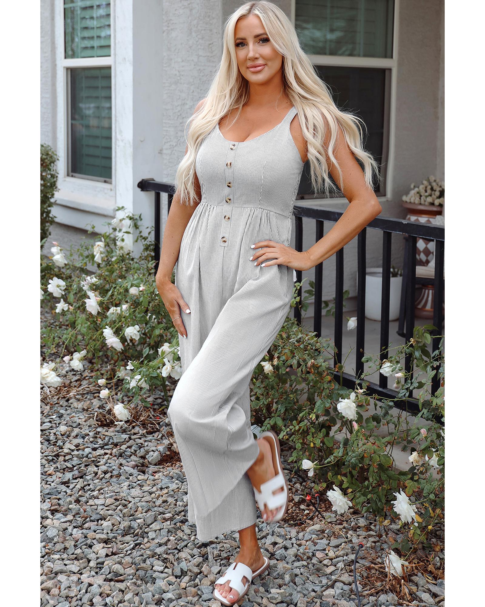 Black Stripe Half Buttoned Sleeveless Wide Leg Jumpsuit - S