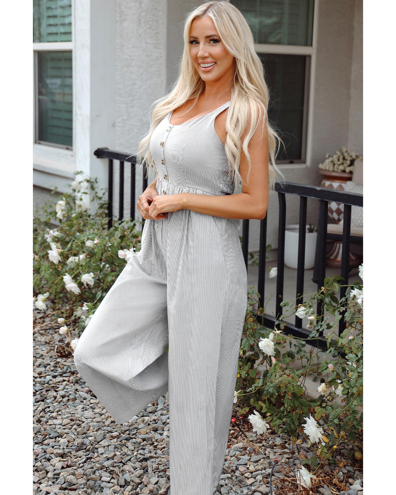 Black Stripe Half Buttoned Sleeveless Wide Leg Jumpsuit - S