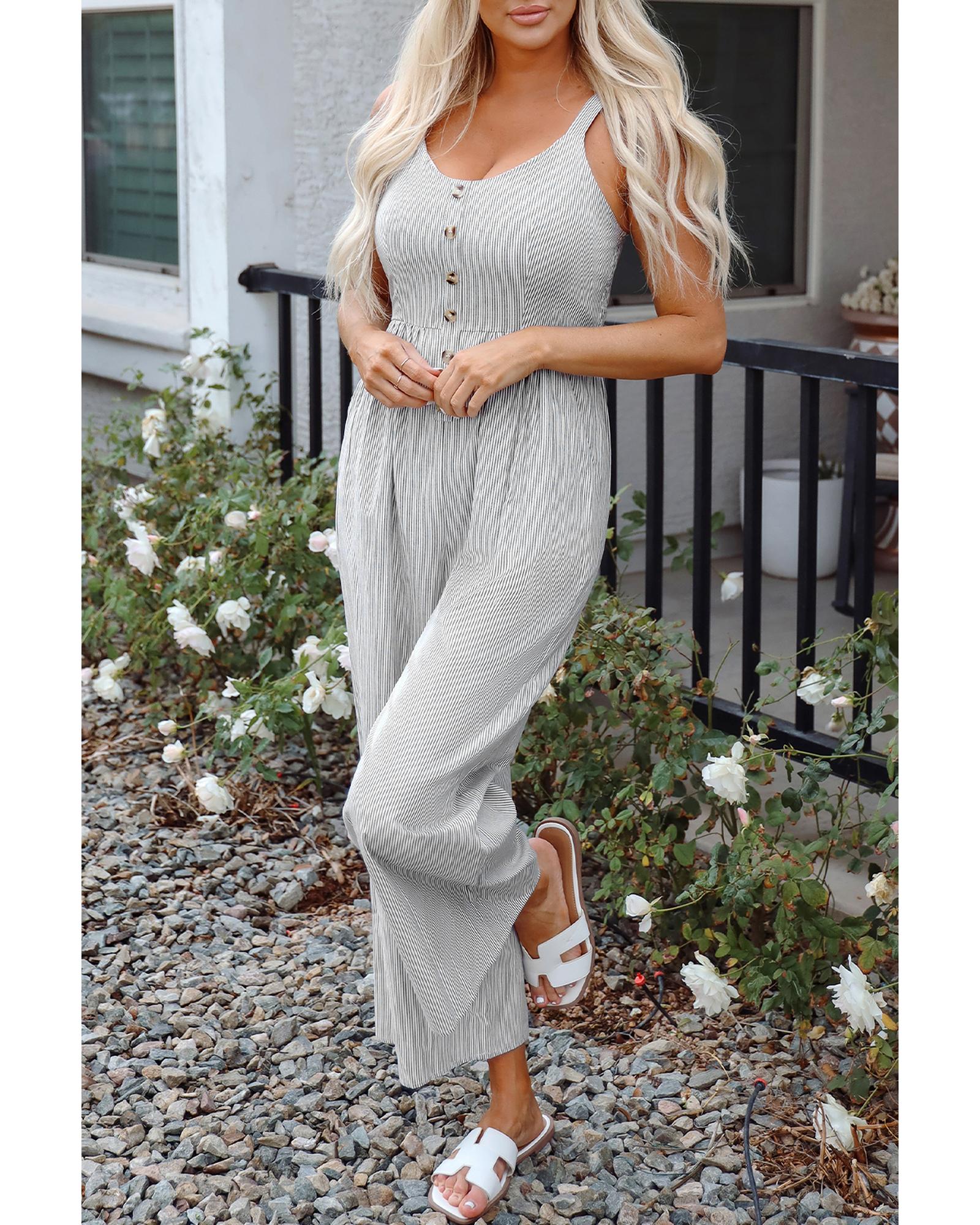 Black Stripe Half Buttoned Sleeveless Wide Leg Jumpsuit - S