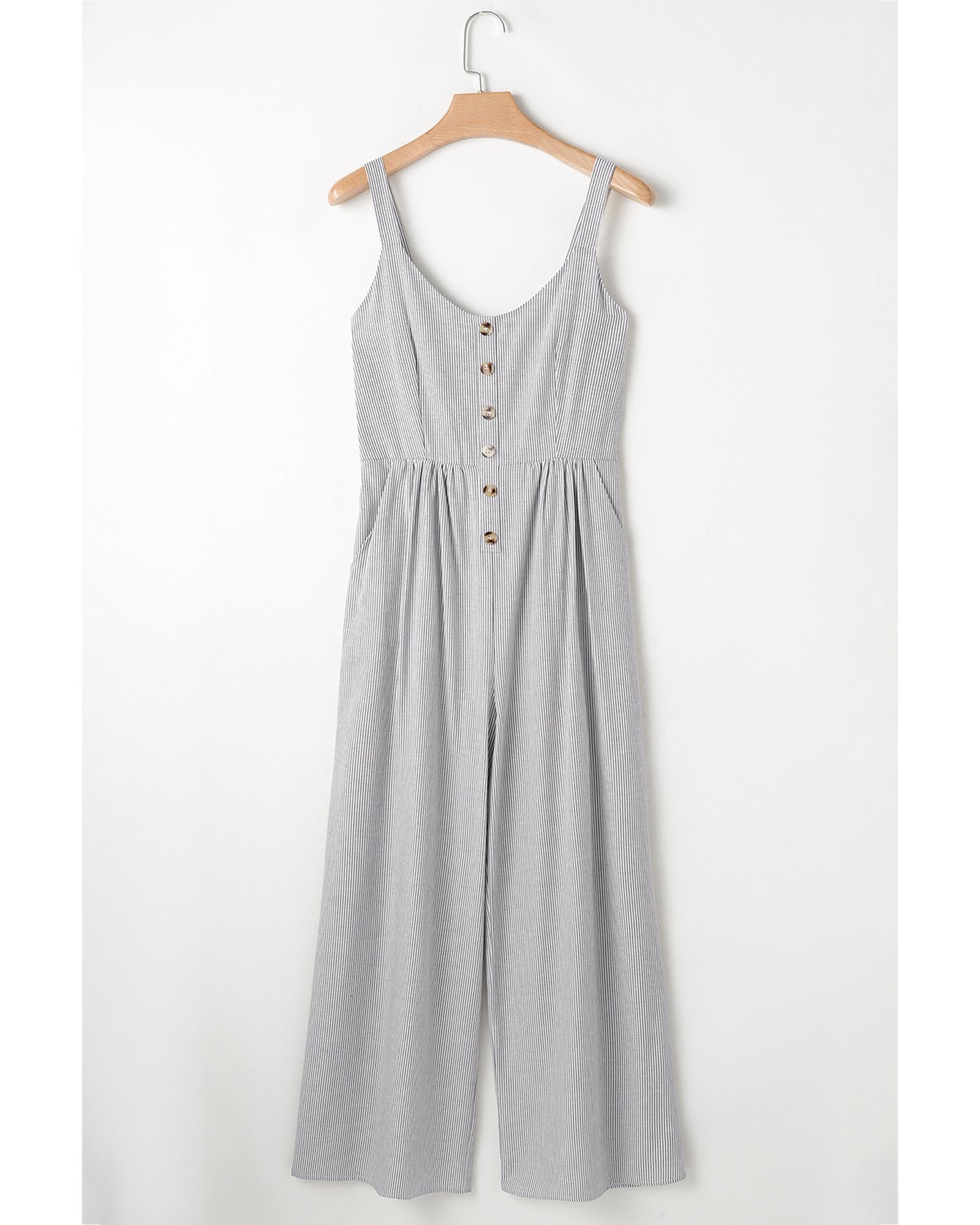 Black Stripe Half Buttoned Sleeveless Wide Leg Jumpsuit - S