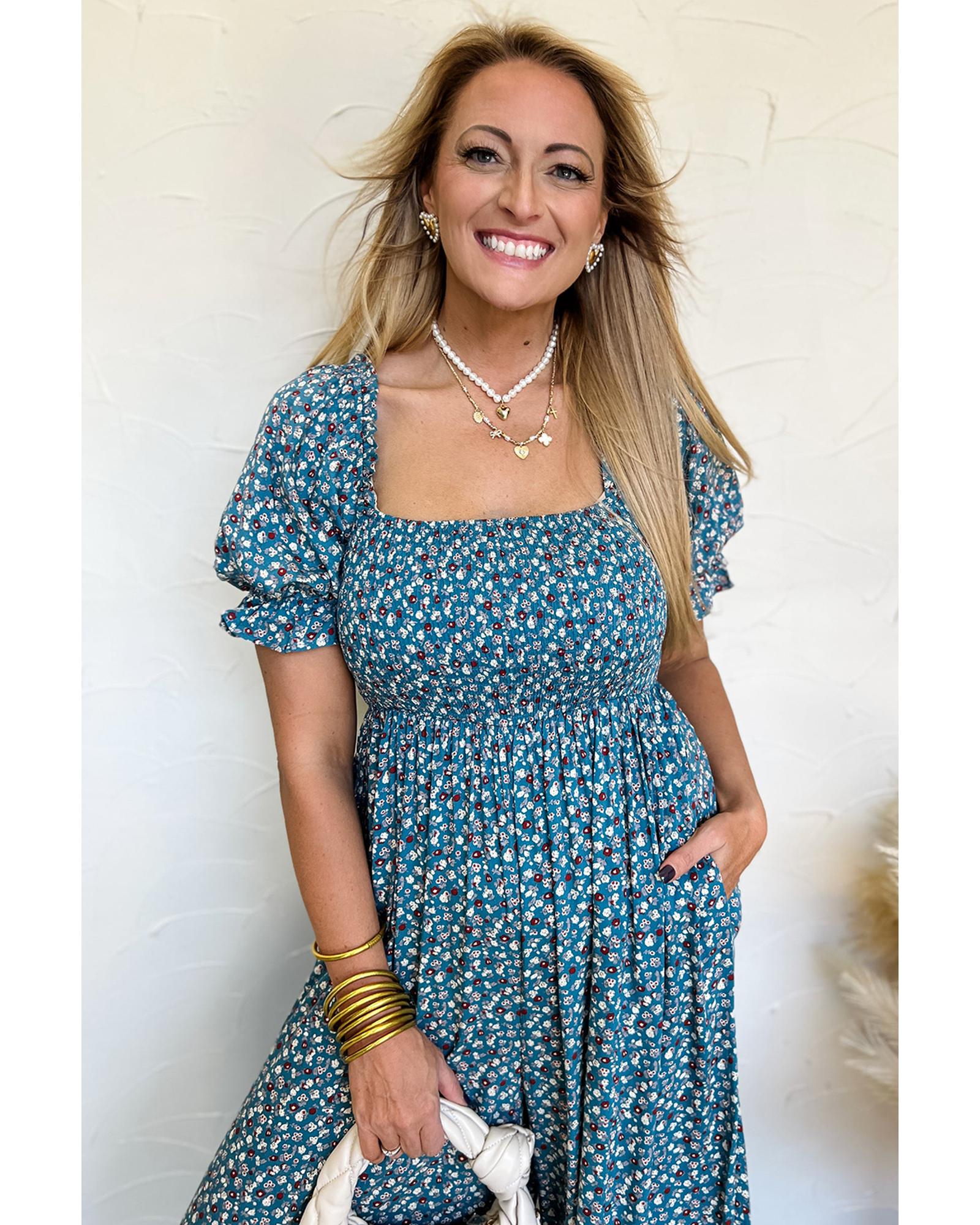 Blue Vintage Boho Floral Smocked Short Puff Sleeve Wide Leg Jumpsuit - L
