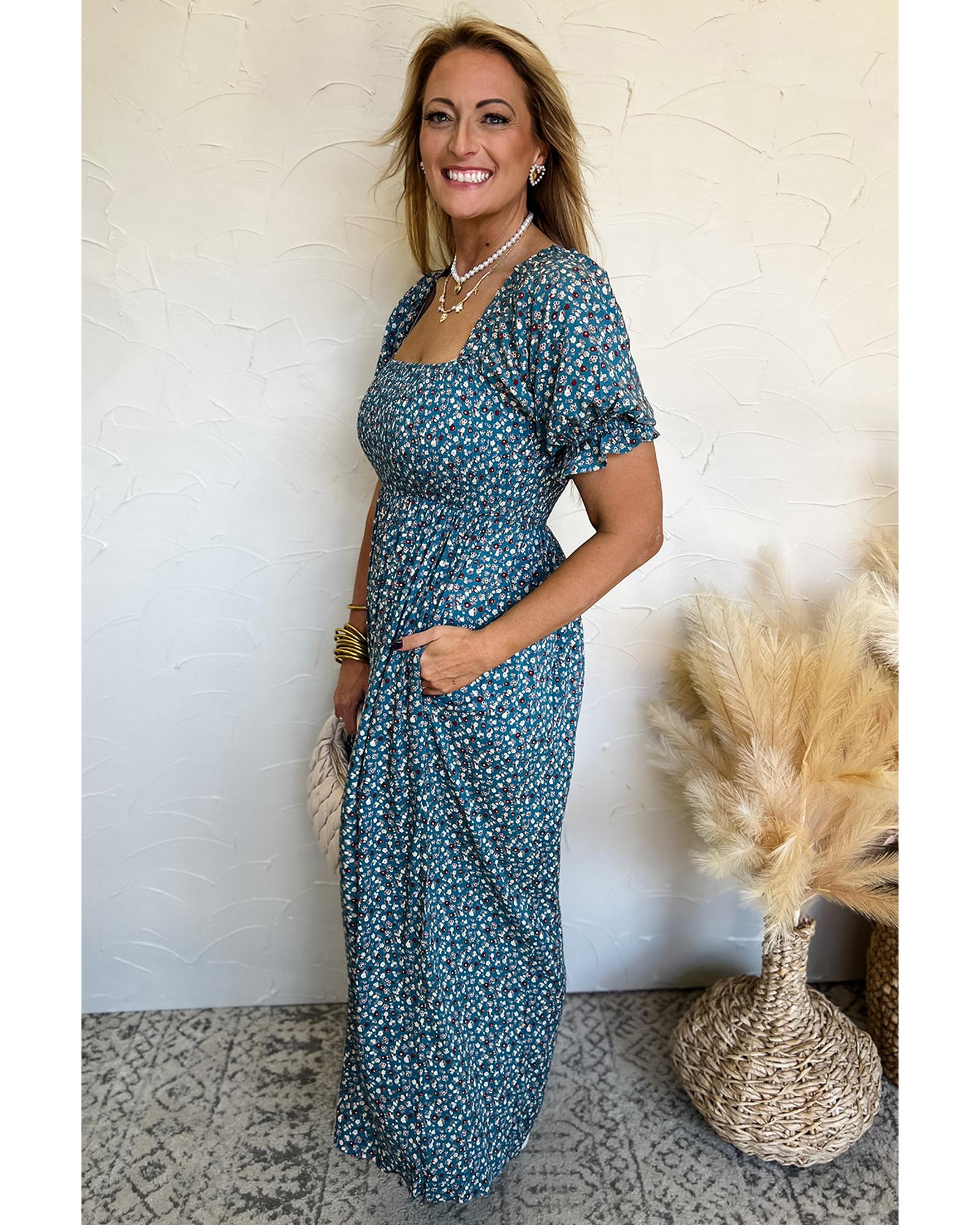 Blue Vintage Boho Floral Smocked Short Puff Sleeve Wide Leg Jumpsuit - L