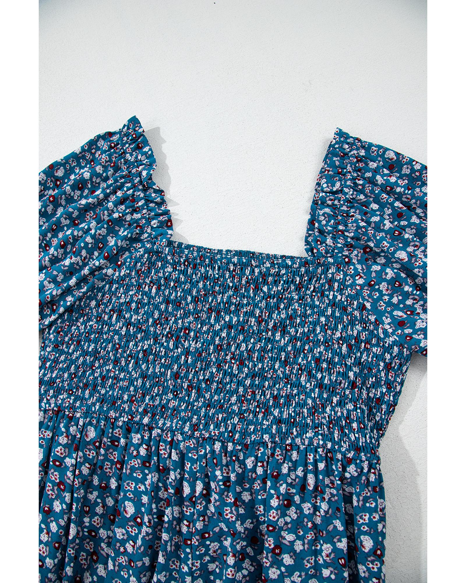 Blue Vintage Boho Floral Smocked Short Puff Sleeve Wide Leg Jumpsuit - L
