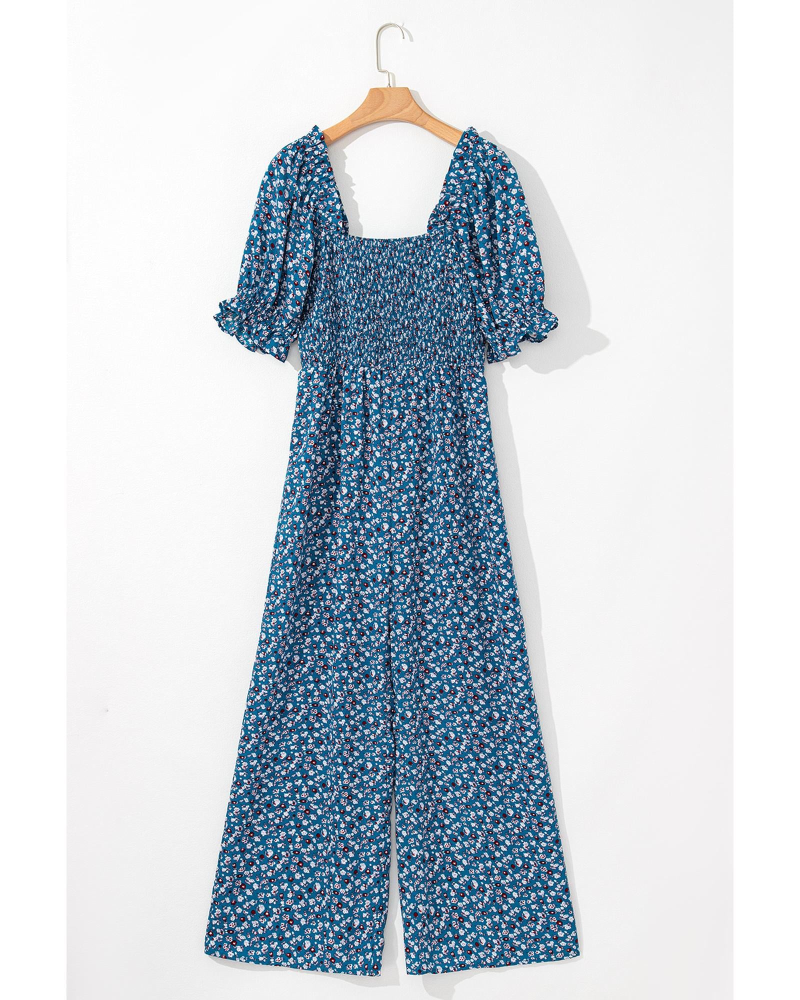 Blue Vintage Boho Floral Smocked Short Puff Sleeve Wide Leg Jumpsuit - L