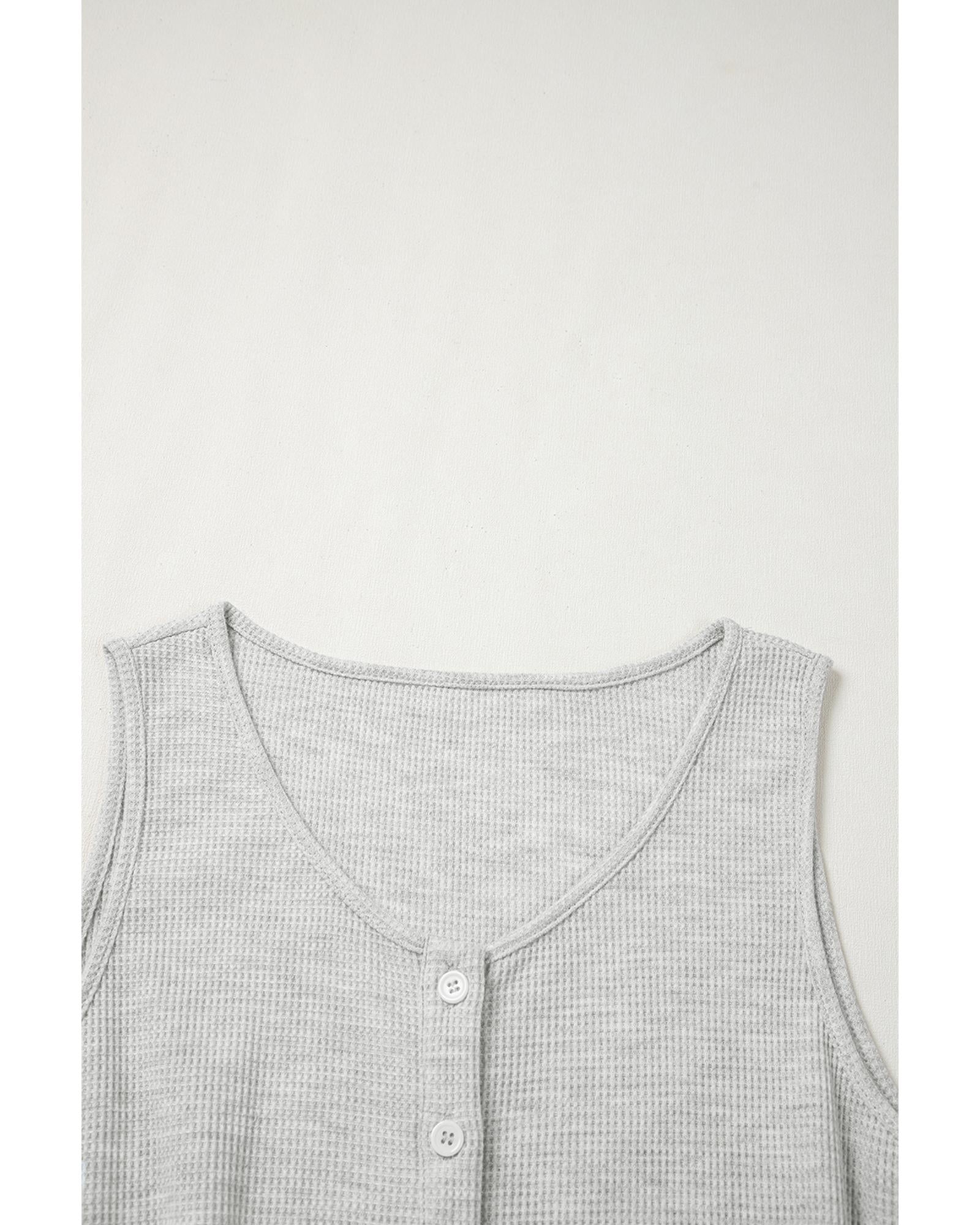 Light Grey Waffle Knit Sleeveless Buttoned Front Drawstring Waist Romper - M