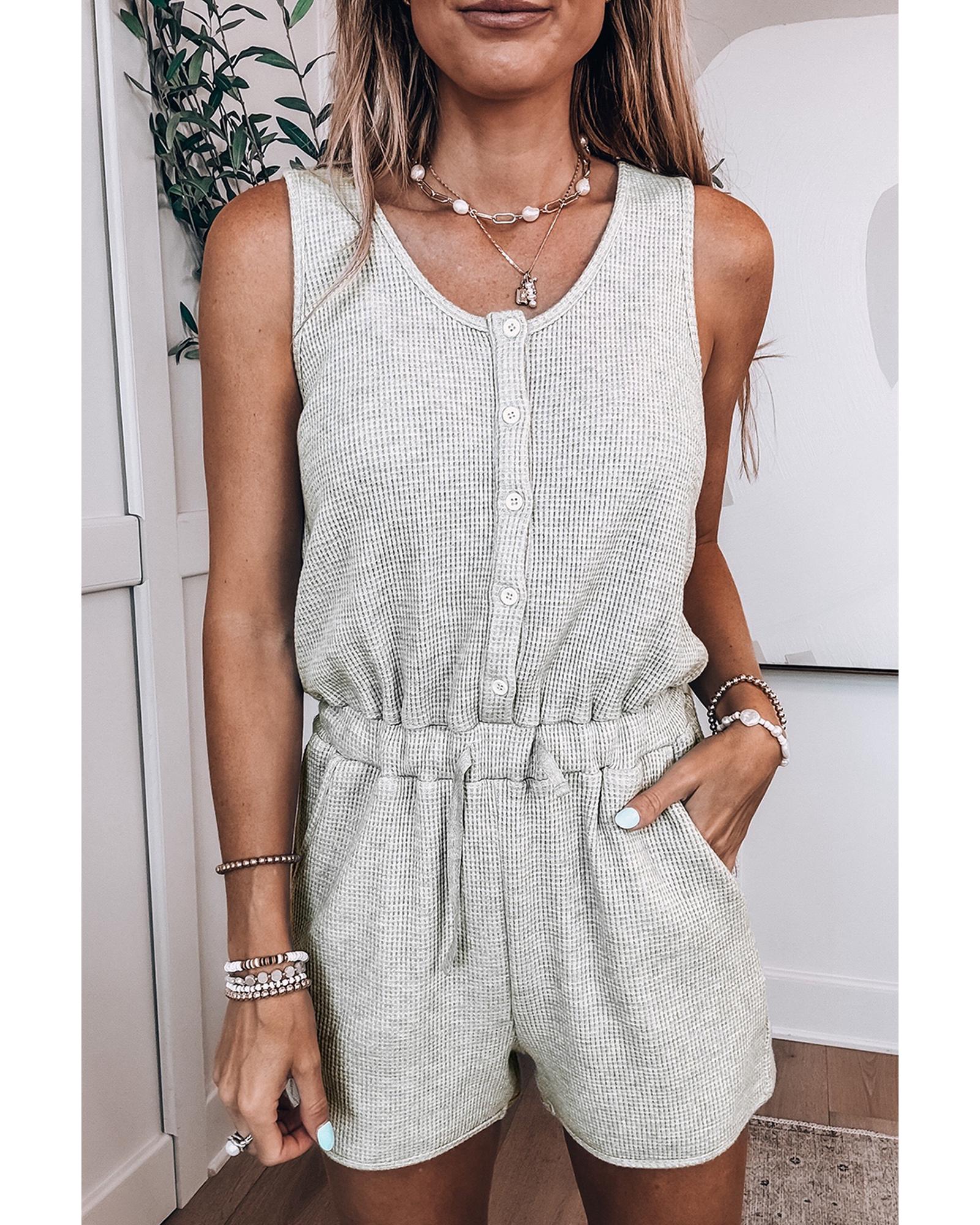 Light Grey Waffle Knit Sleeveless Buttoned Front Drawstring Waist Romper - XL