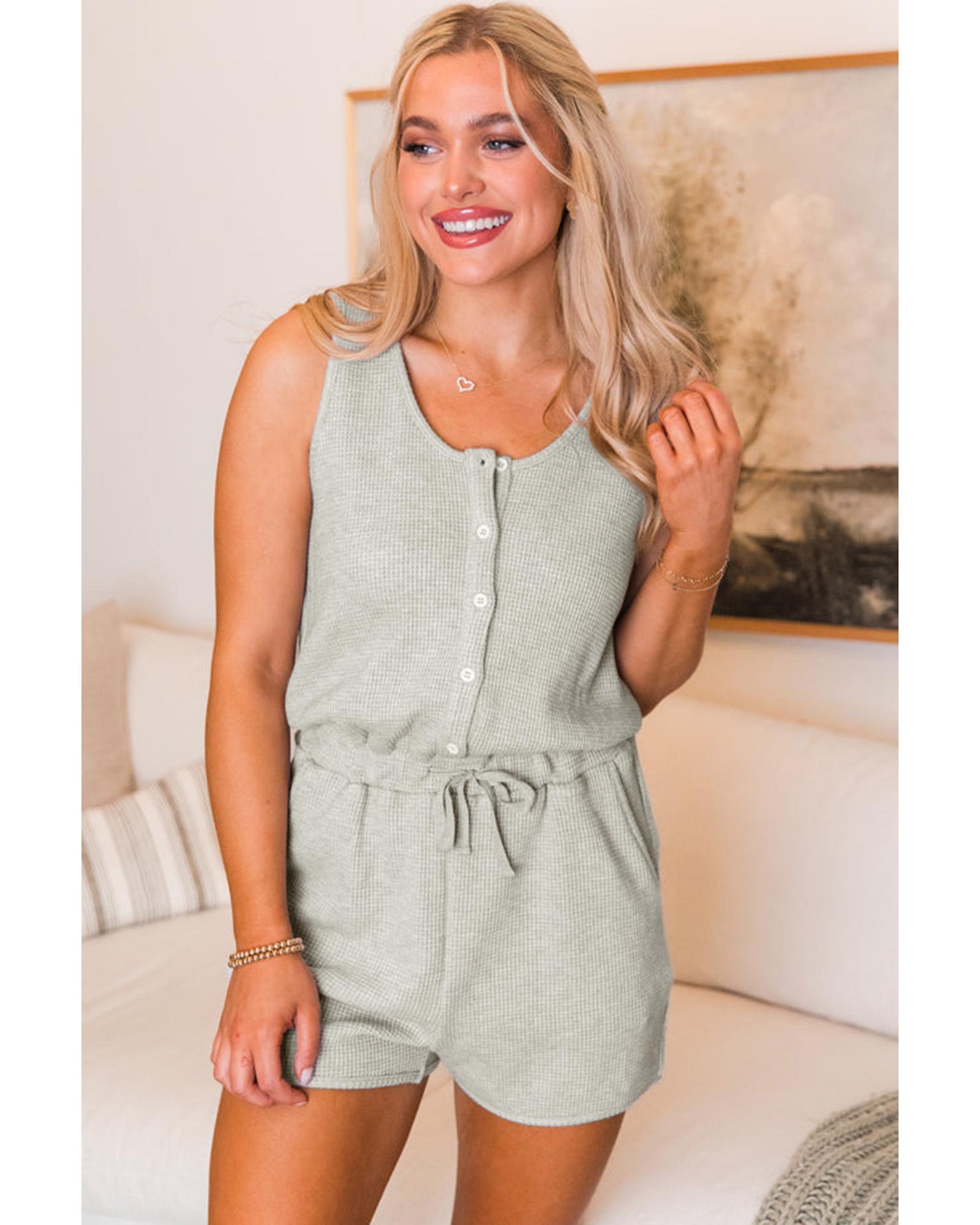 Light Grey Waffle Knit Sleeveless Buttoned Front Drawstring Waist Romper - XL