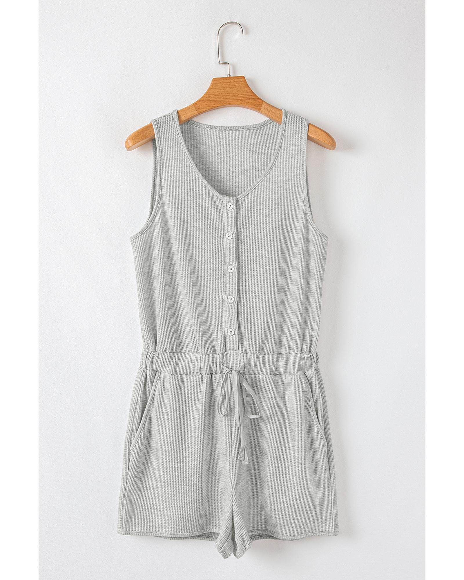 Light Grey Waffle Knit Sleeveless Buttoned Front Drawstring Waist Romper - XL