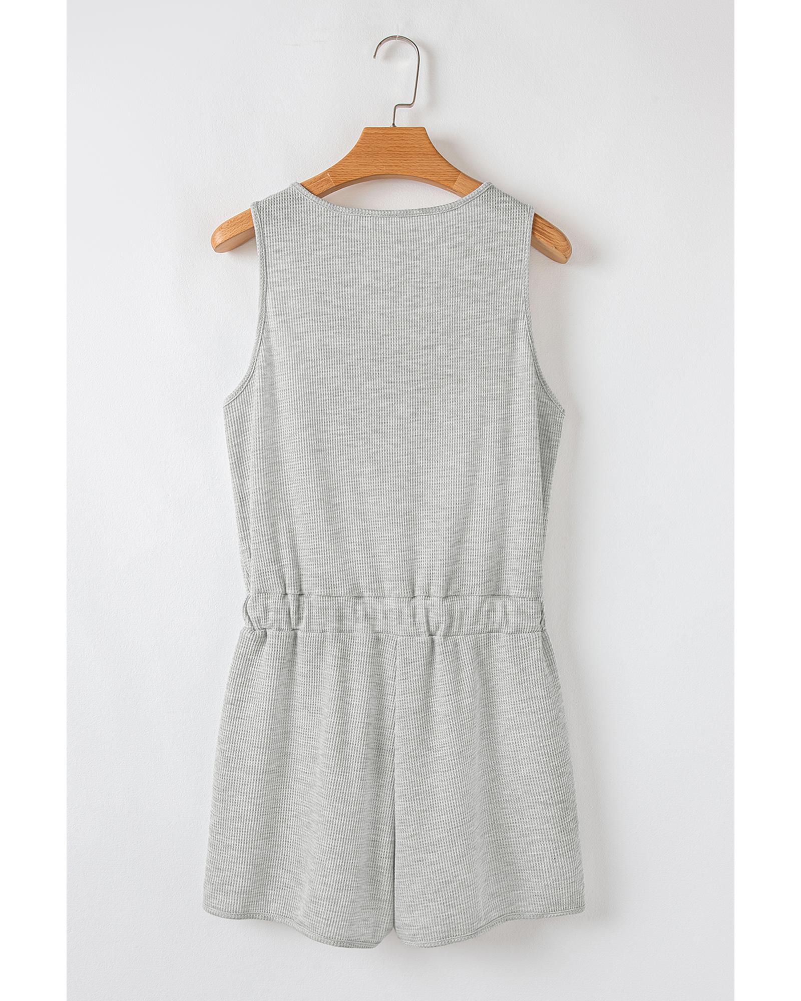 Light Grey Waffle Knit Sleeveless Buttoned Front Drawstring Waist Romper - XL
