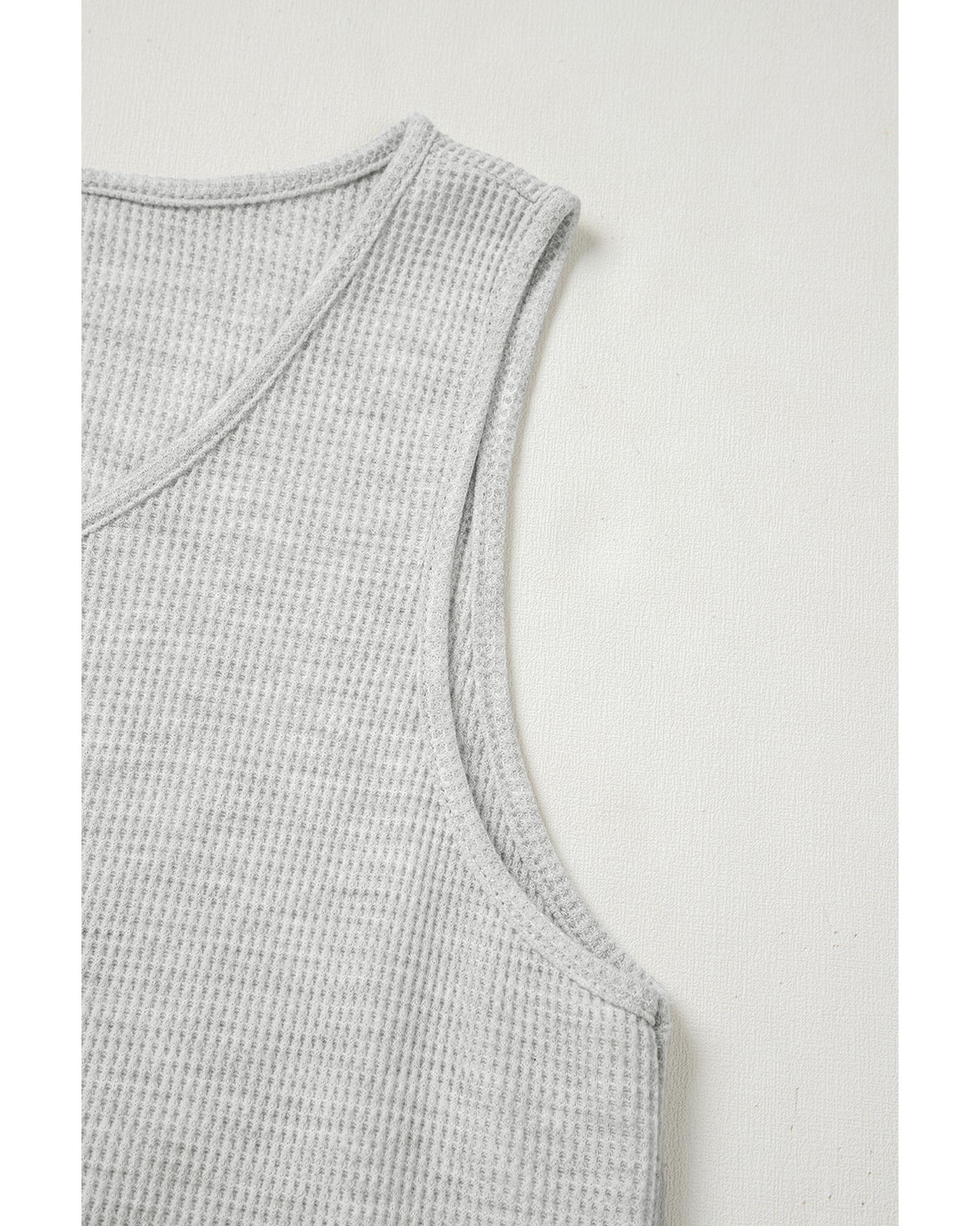 Light Grey Waffle Knit Sleeveless Buttoned Front Drawstring Waist Romper - XL