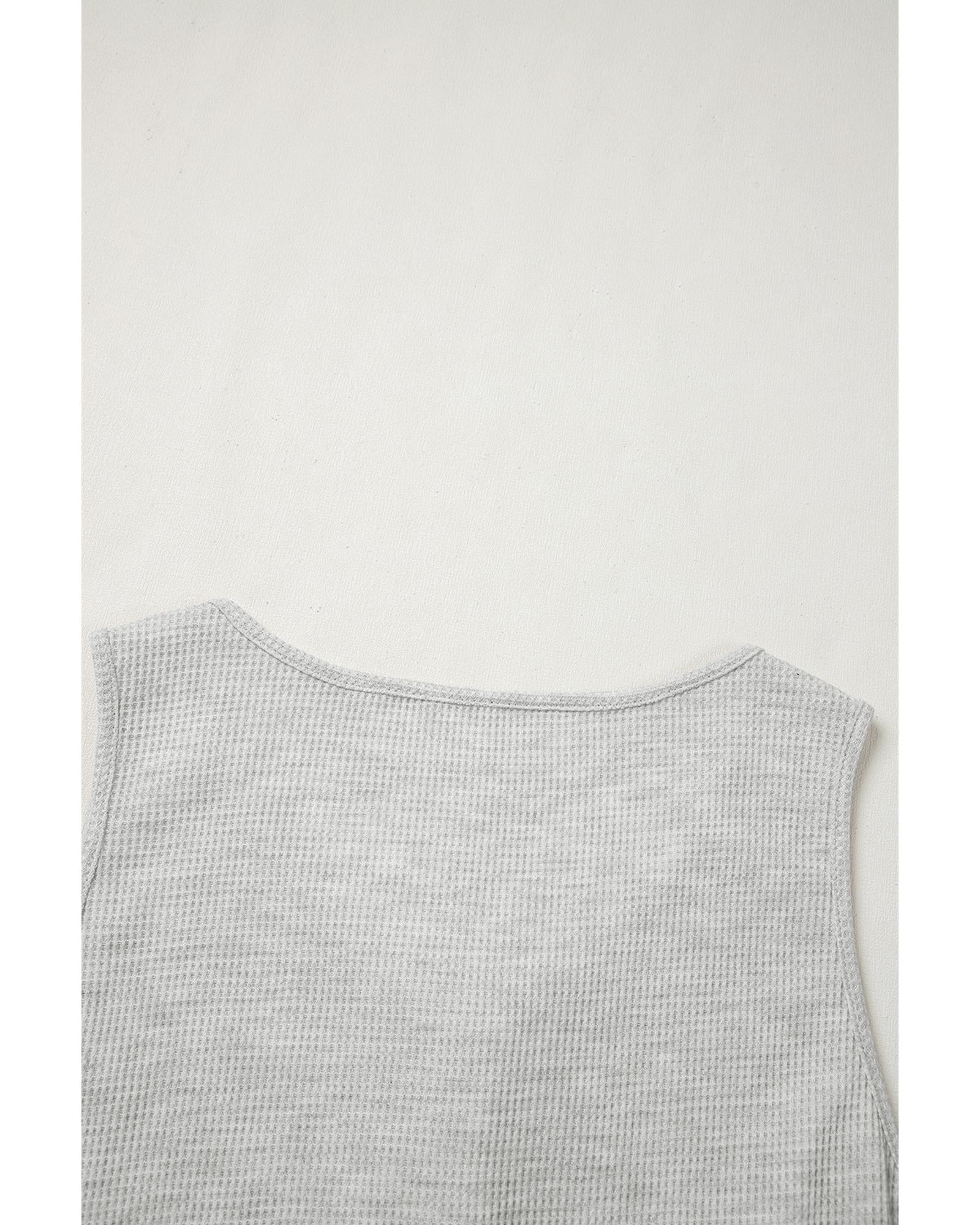 Light Grey Waffle Knit Sleeveless Buttoned Front Drawstring Waist Romper - XL