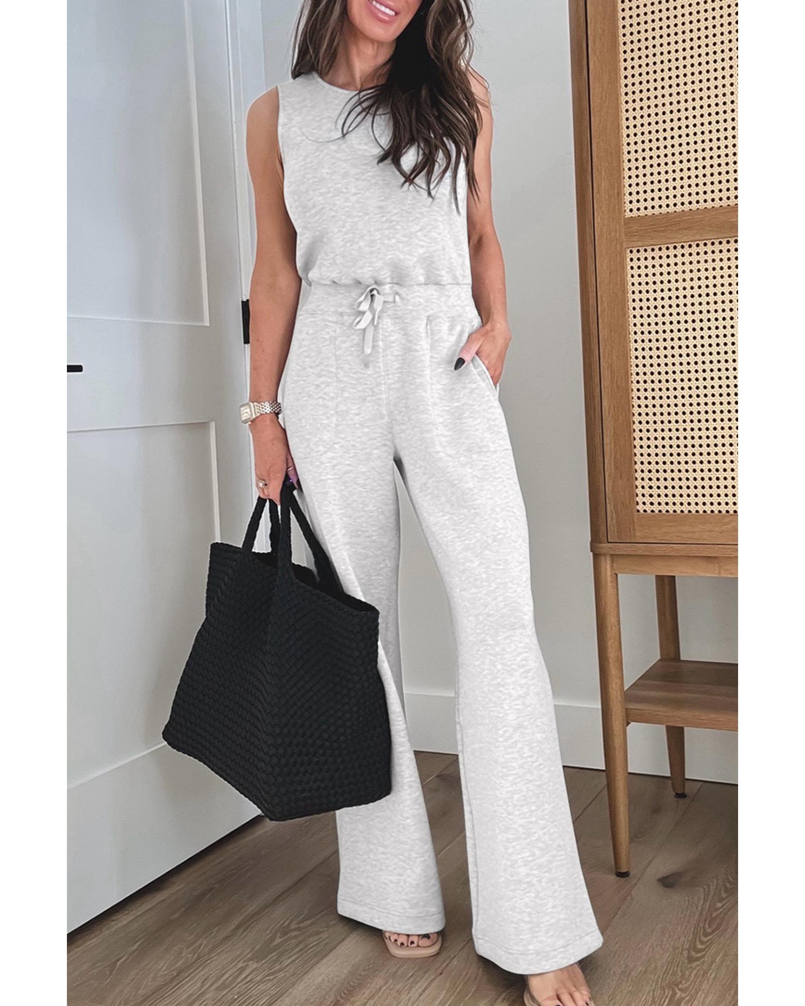 Light Grey Solid Color Crew Neck Drawstring High Waist Sleeveless Jumpsuit - L