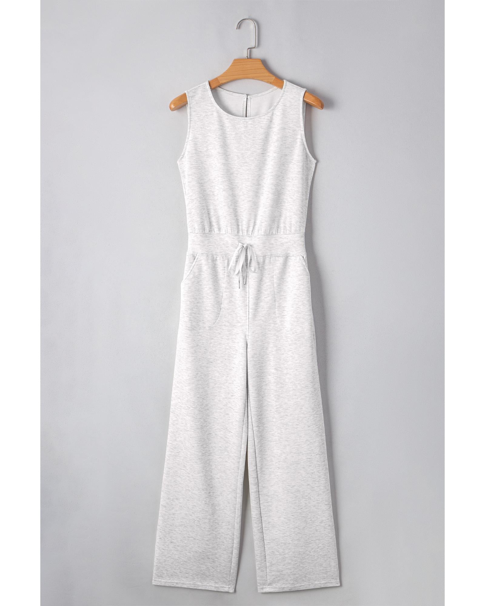 Light Grey Solid Color Crew Neck Drawstring High Waist Sleeveless Jumpsuit - S
