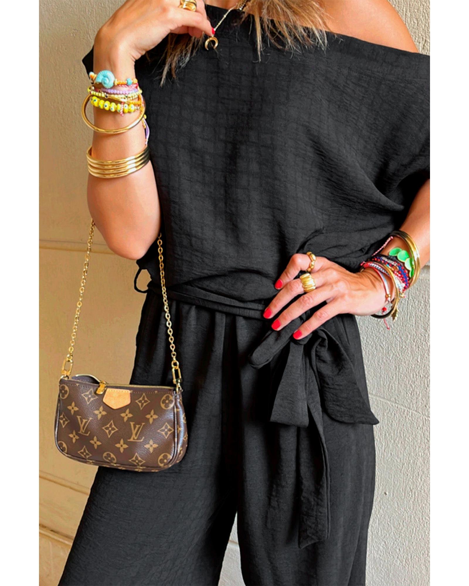 Black Checkered Mesh One Shoulder Short Sleeve Knotted Waist Jumpsuit - L