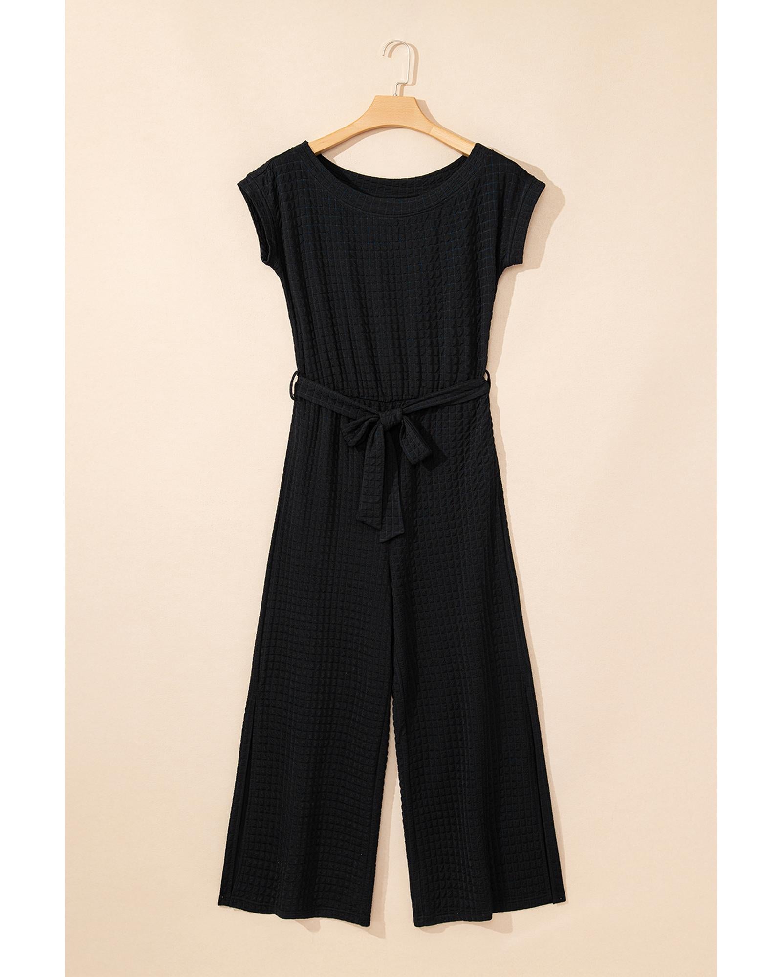 Black Checkered Mesh One Shoulder Short Sleeve Knotted Waist Jumpsuit - L
