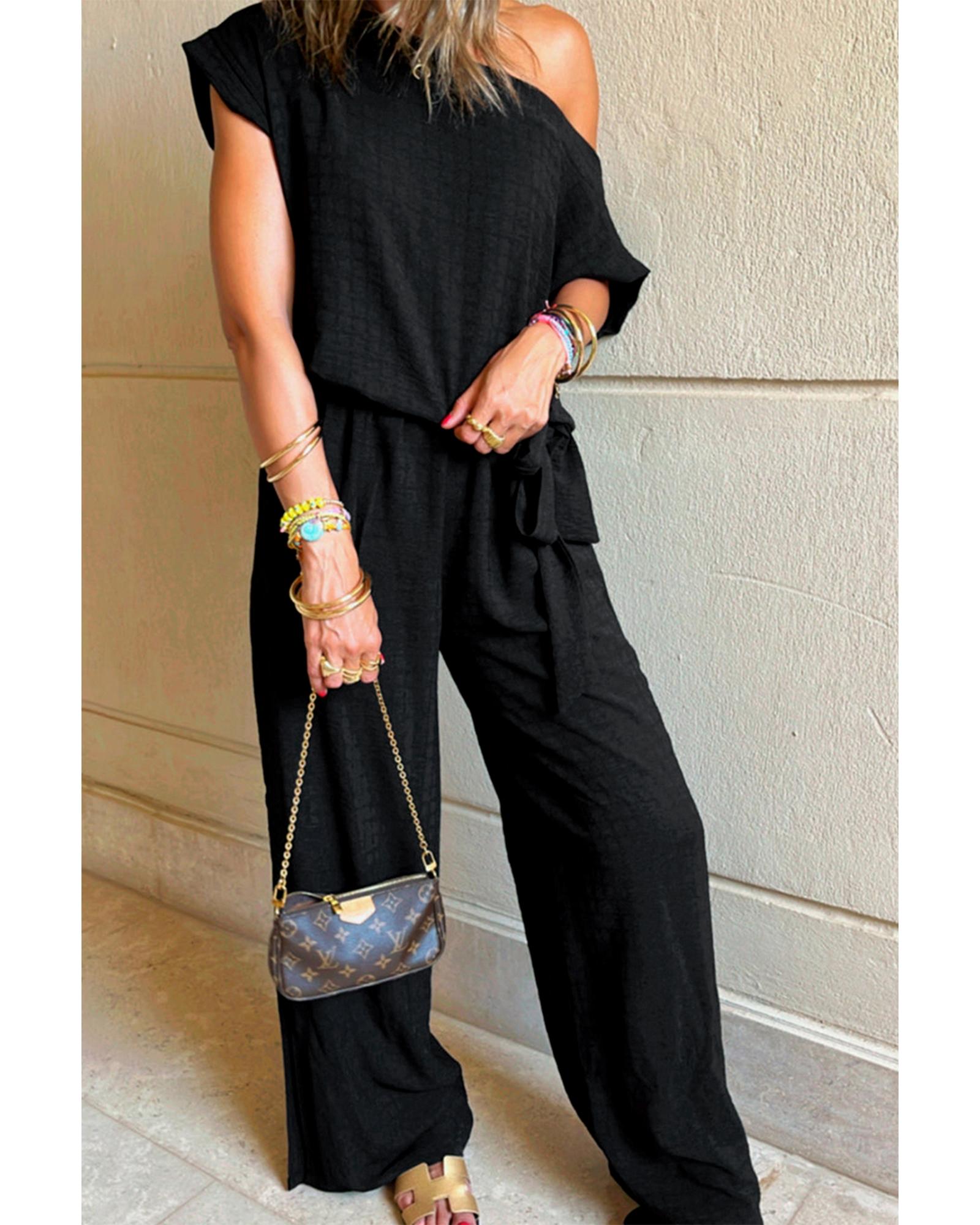 Black Checkered Mesh One Shoulder Short Sleeve Knotted Waist Jumpsuit - M