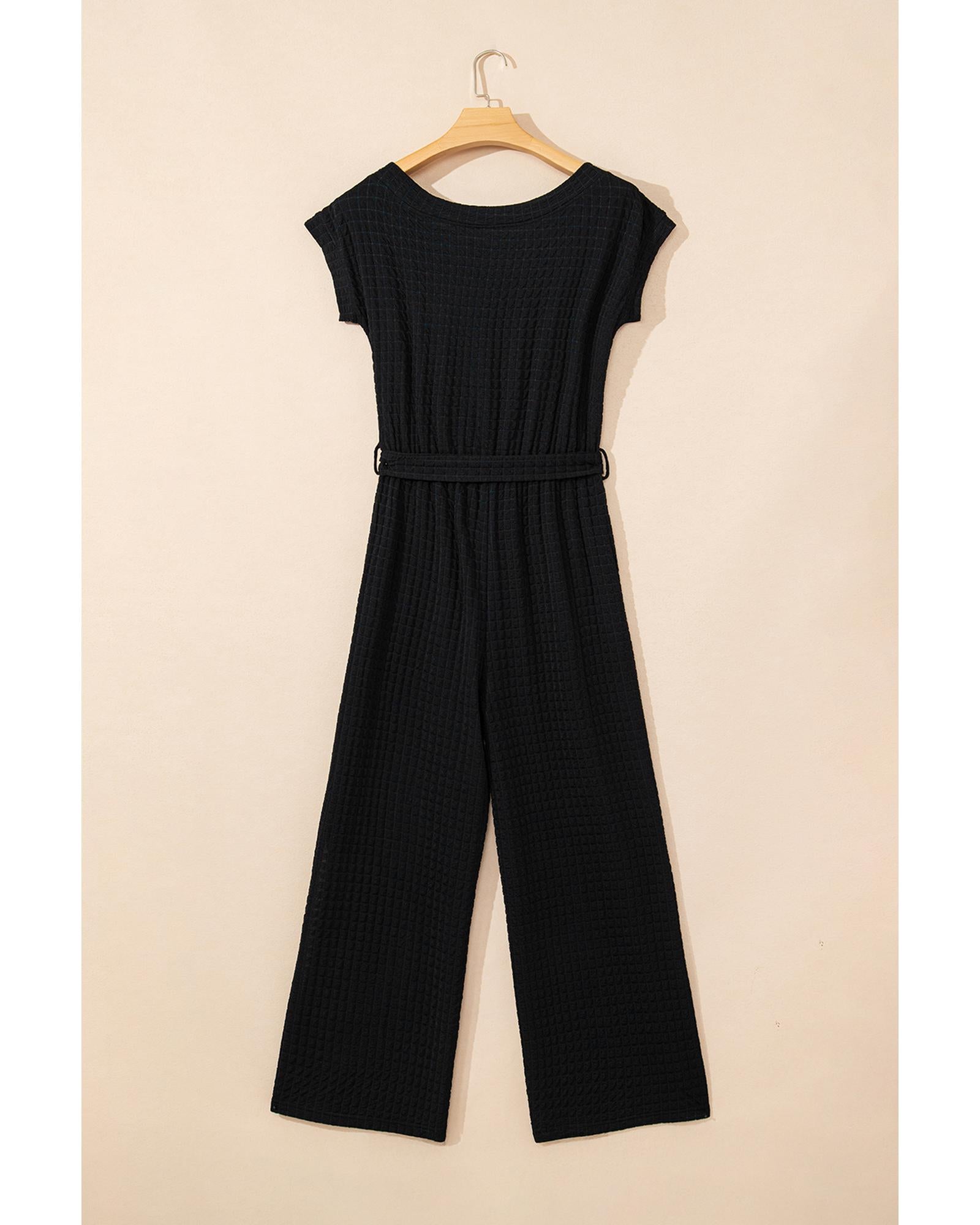 Black Checkered Mesh One Shoulder Short Sleeve Knotted Waist Jumpsuit - M