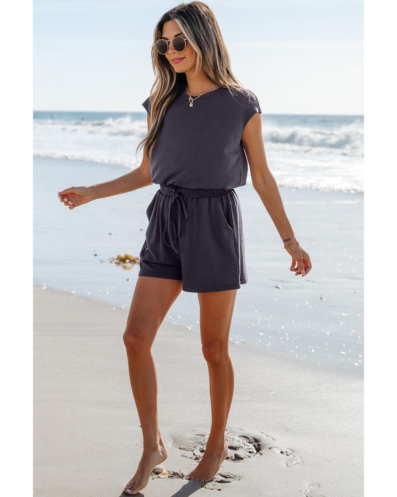 Bristol Black Knit Open Back Cap Sleeve Drawstring Romper - L