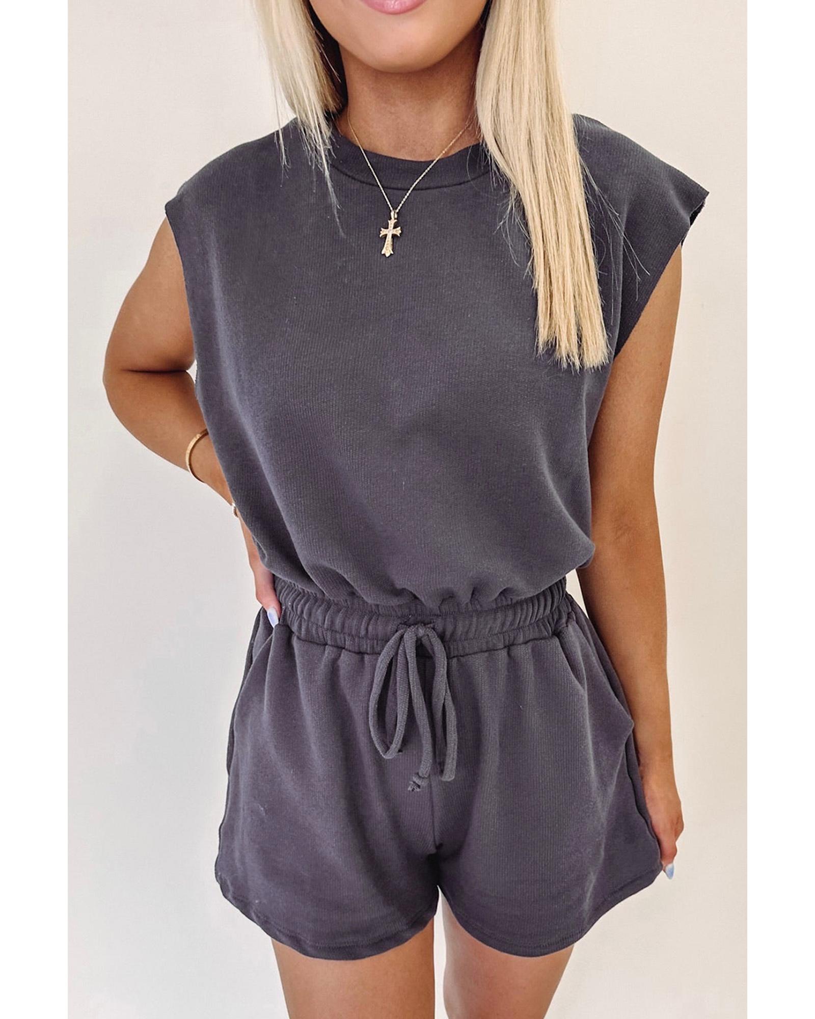 Bristol Black Knit Open Back Cap Sleeve Drawstring Romper - L