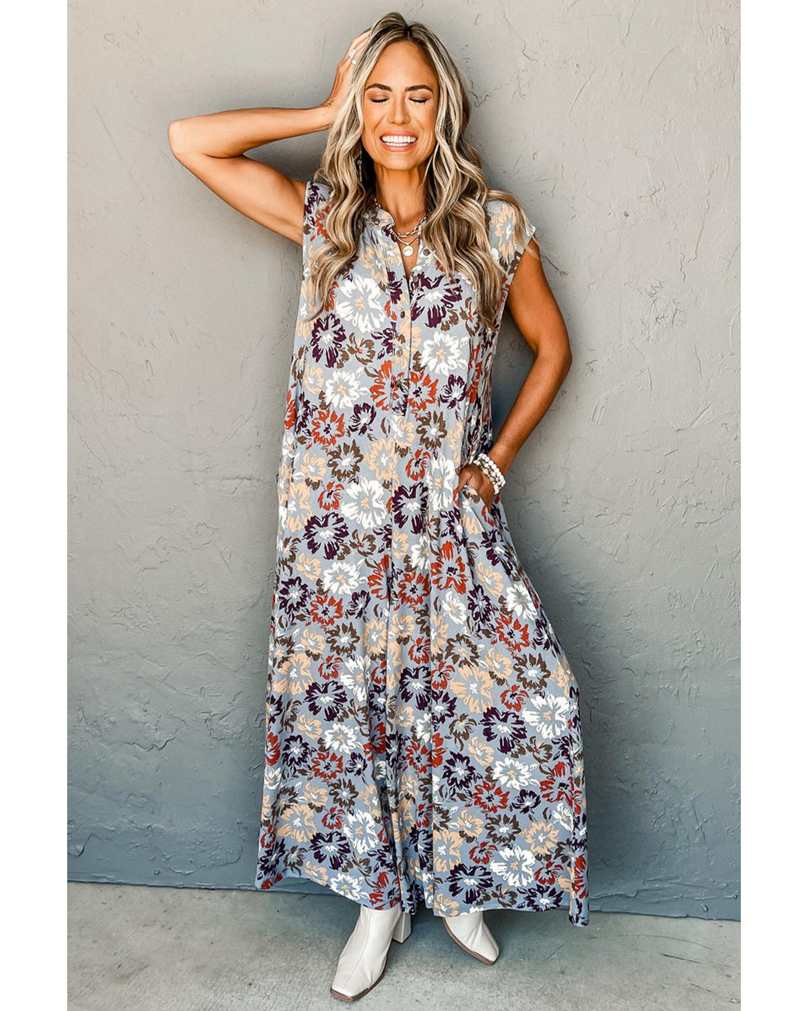 Sky Blue Floral Sleeveless Buttoned Pocketed Wide Leg Jumpsuit - L