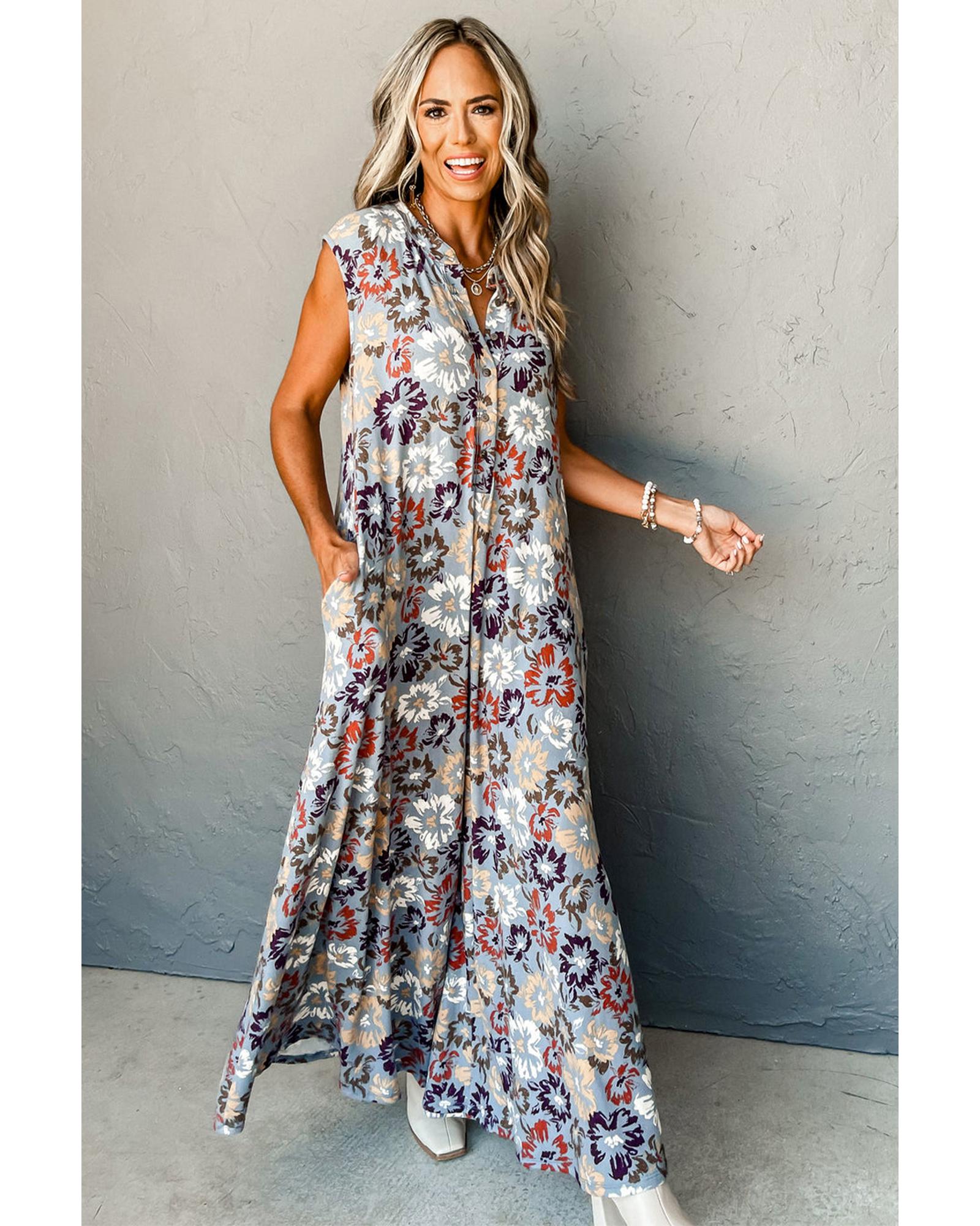 Sky Blue Floral Sleeveless Buttoned Pocketed Wide Leg Jumpsuit - L
