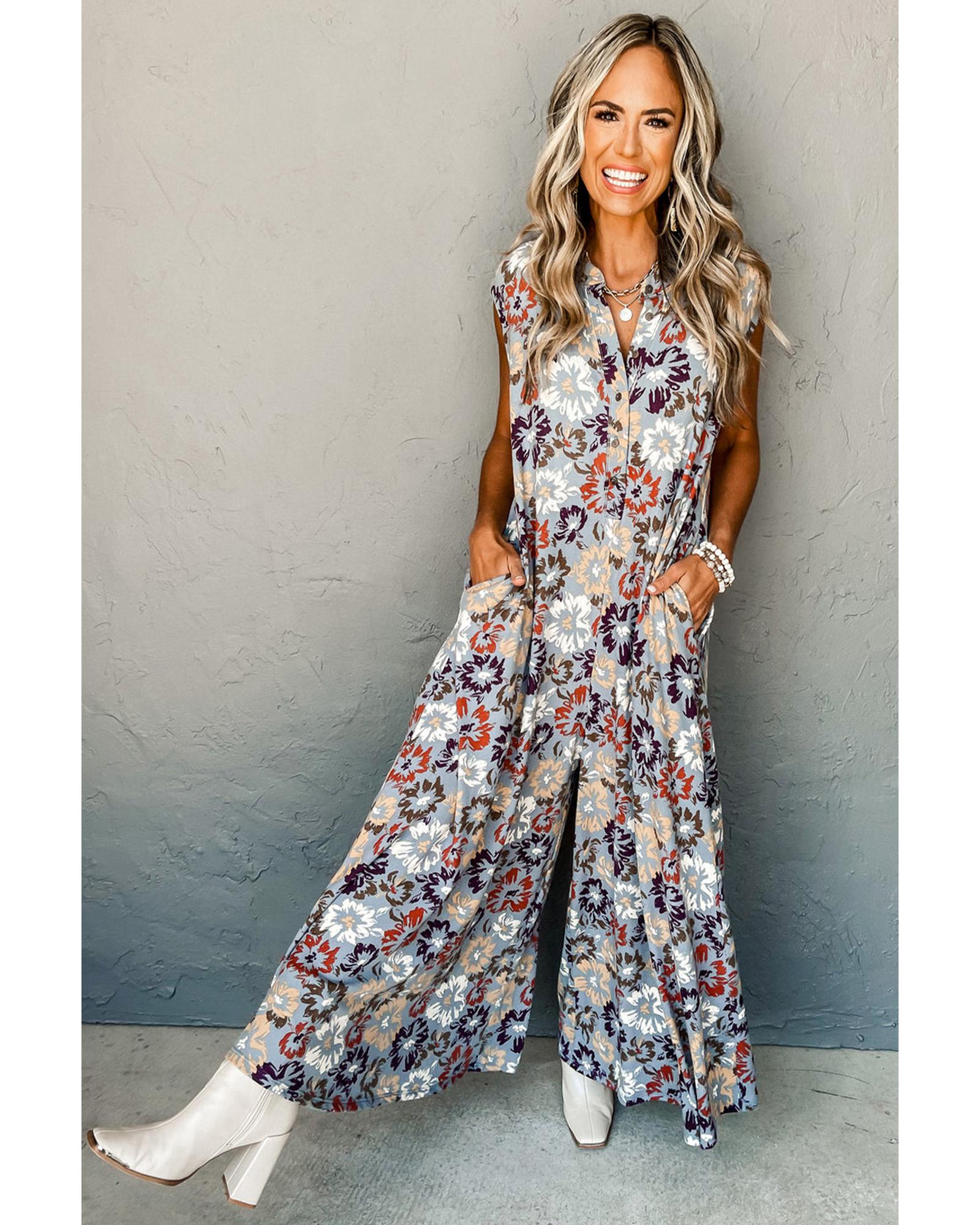 Sky Blue Floral Sleeveless Buttoned Pocketed Wide Leg Jumpsuit - L