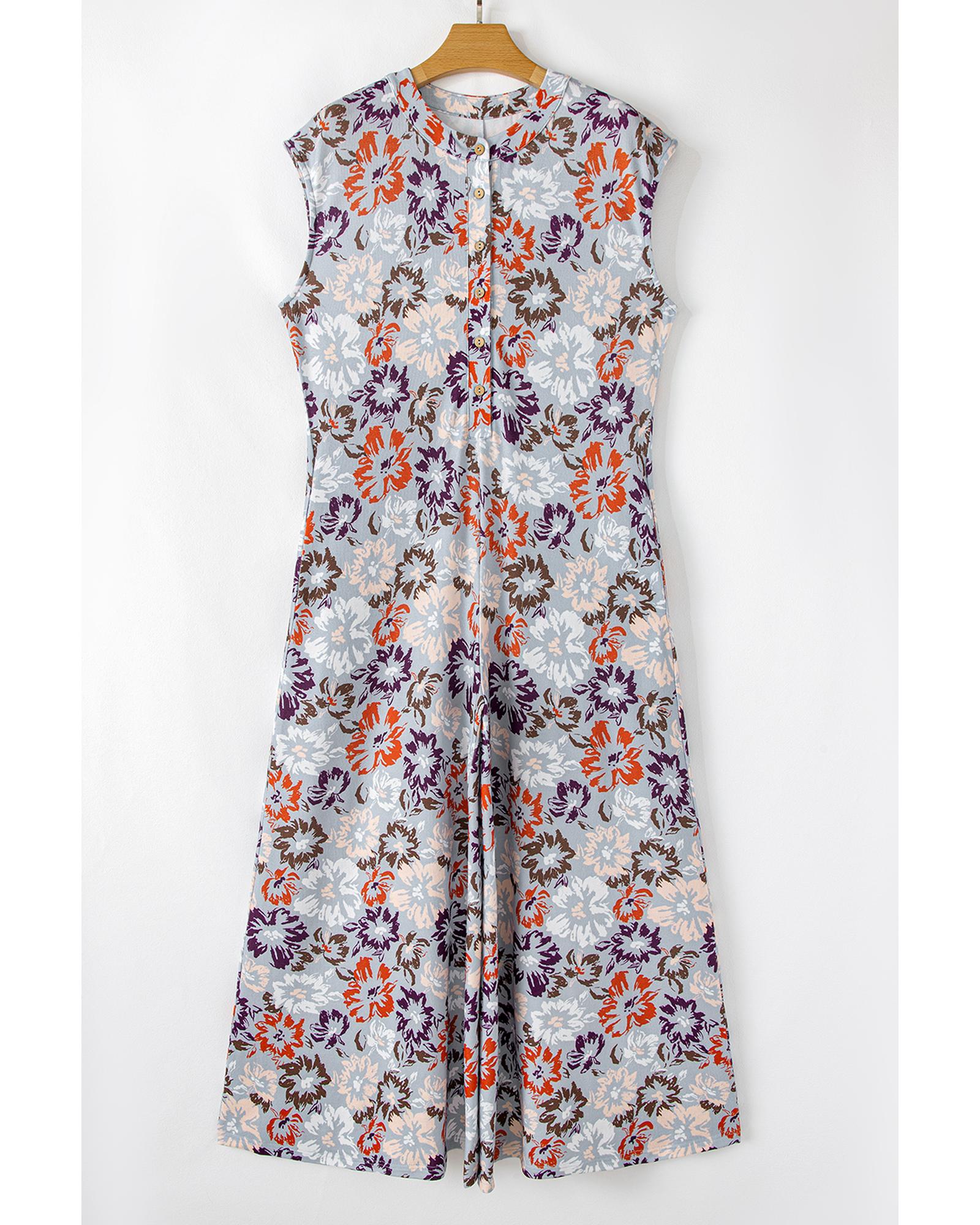 Sky Blue Floral Sleeveless Buttoned Pocketed Wide Leg Jumpsuit - L