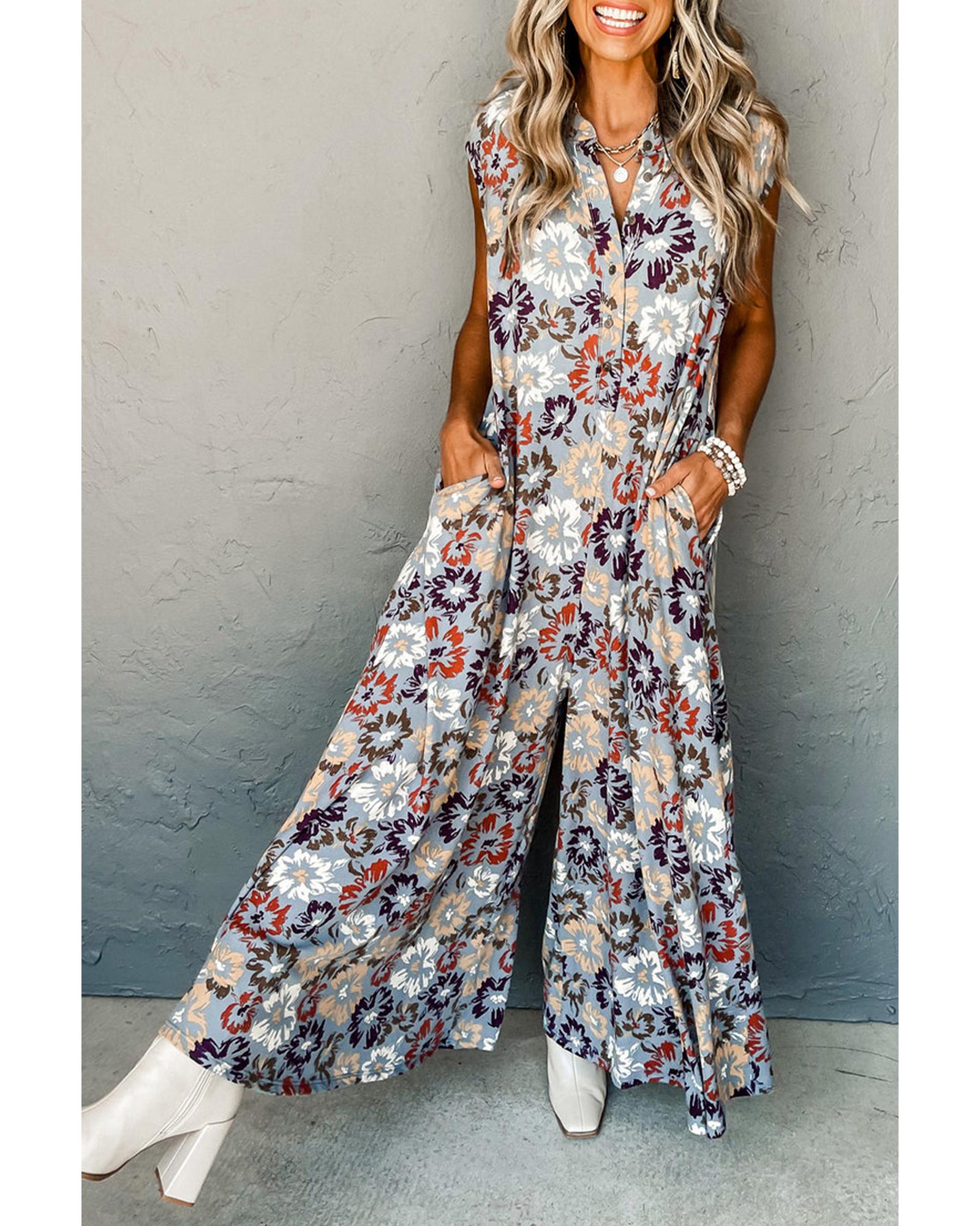 Sky Blue Floral Sleeveless Buttoned Pocketed Wide Leg Jumpsuit - L