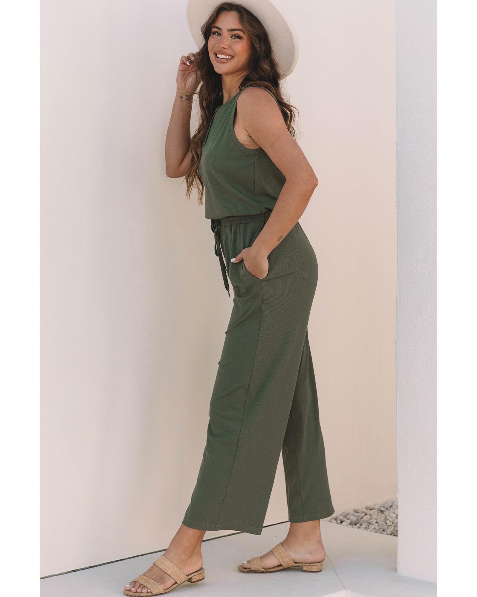 Vineyard Green Buttoned Drawstring Waist Sleeveless Wide Leg Jumpsuit - L