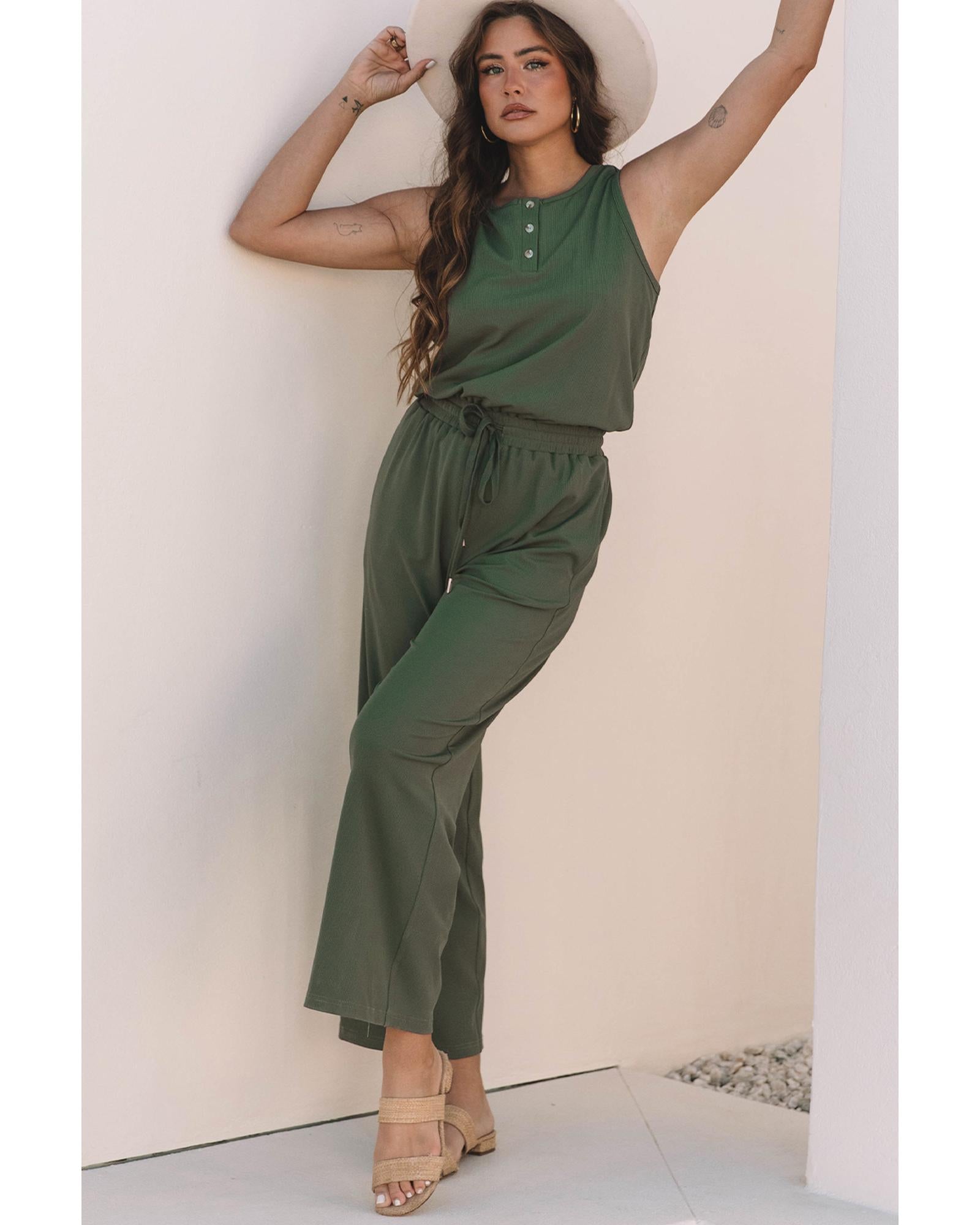 Vineyard Green Buttoned Drawstring Waist Sleeveless Wide Leg Jumpsuit - L