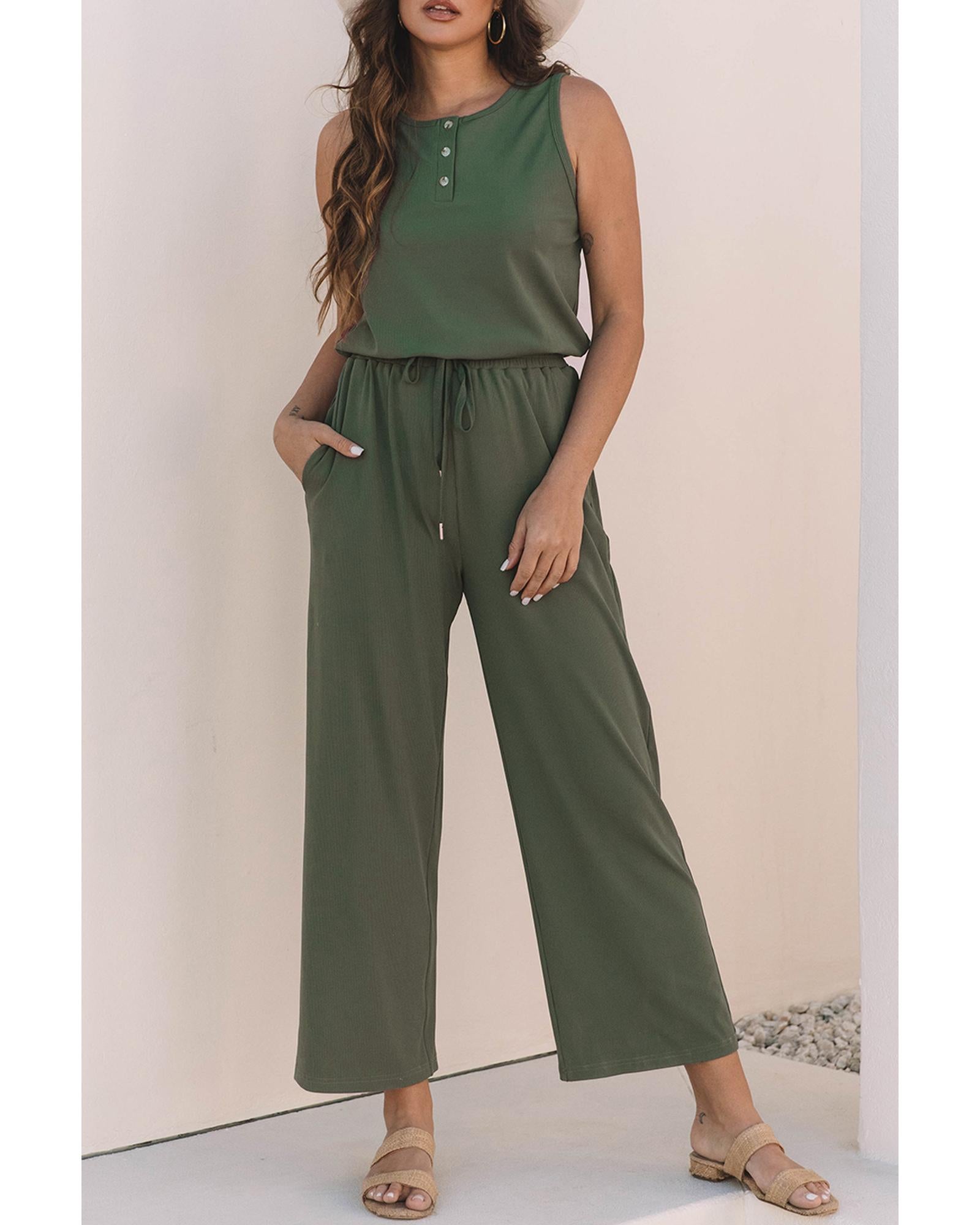 Vineyard Green Buttoned Drawstring Waist Sleeveless Wide Leg Jumpsuit - L