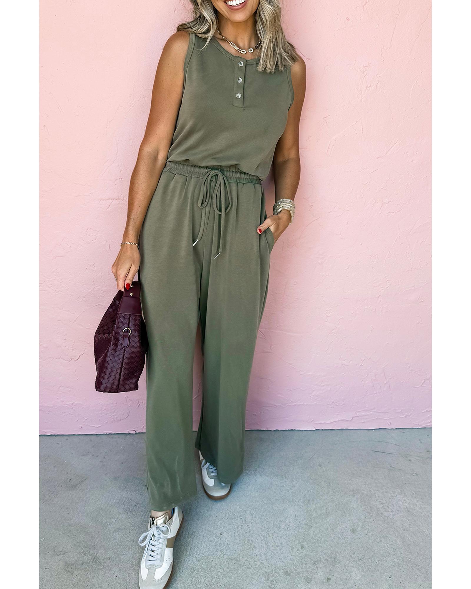Vineyard Green Buttoned Drawstring Waist Sleeveless Wide Leg Jumpsuit - L