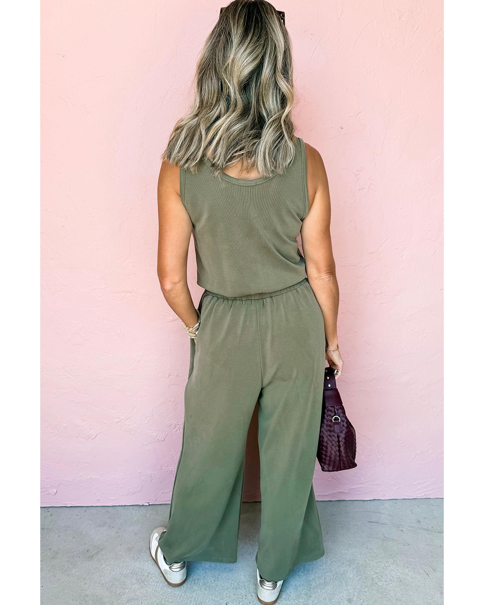Vineyard Green Buttoned Drawstring Waist Sleeveless Wide Leg Jumpsuit - L