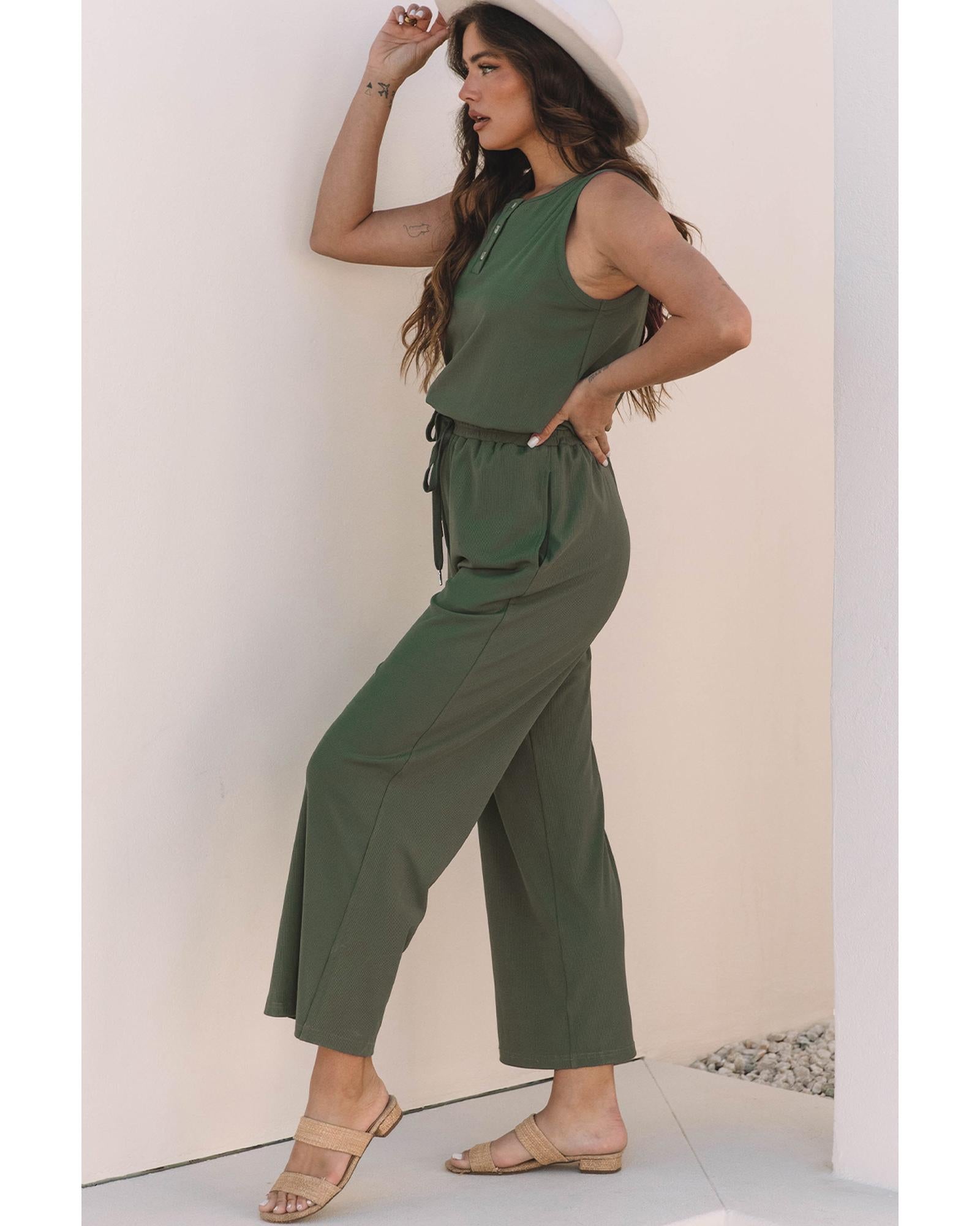 Vineyard Green Buttoned Drawstring Waist Sleeveless Wide Leg Jumpsuit - XL