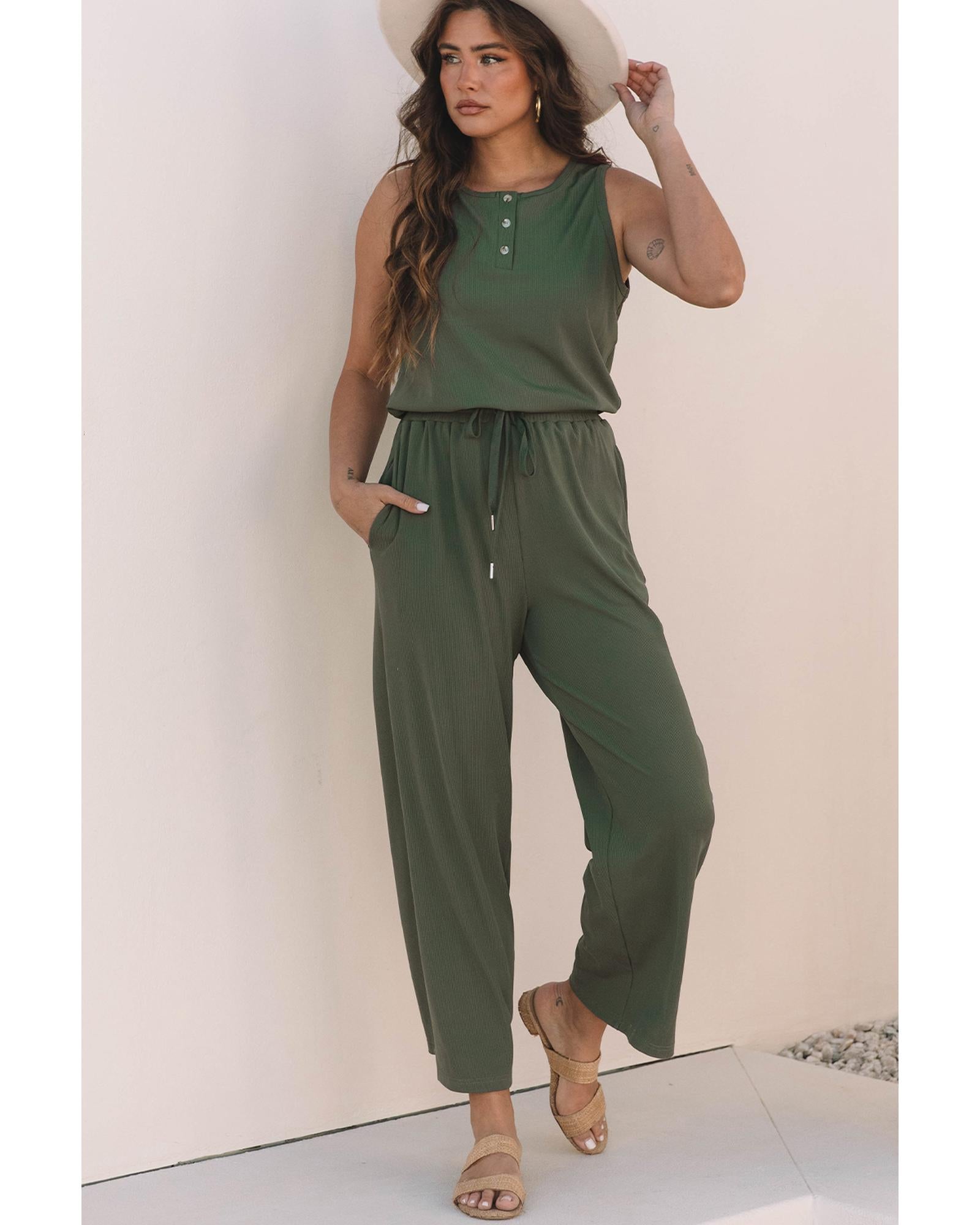 Vineyard Green Buttoned Drawstring Waist Sleeveless Wide Leg Jumpsuit - XL