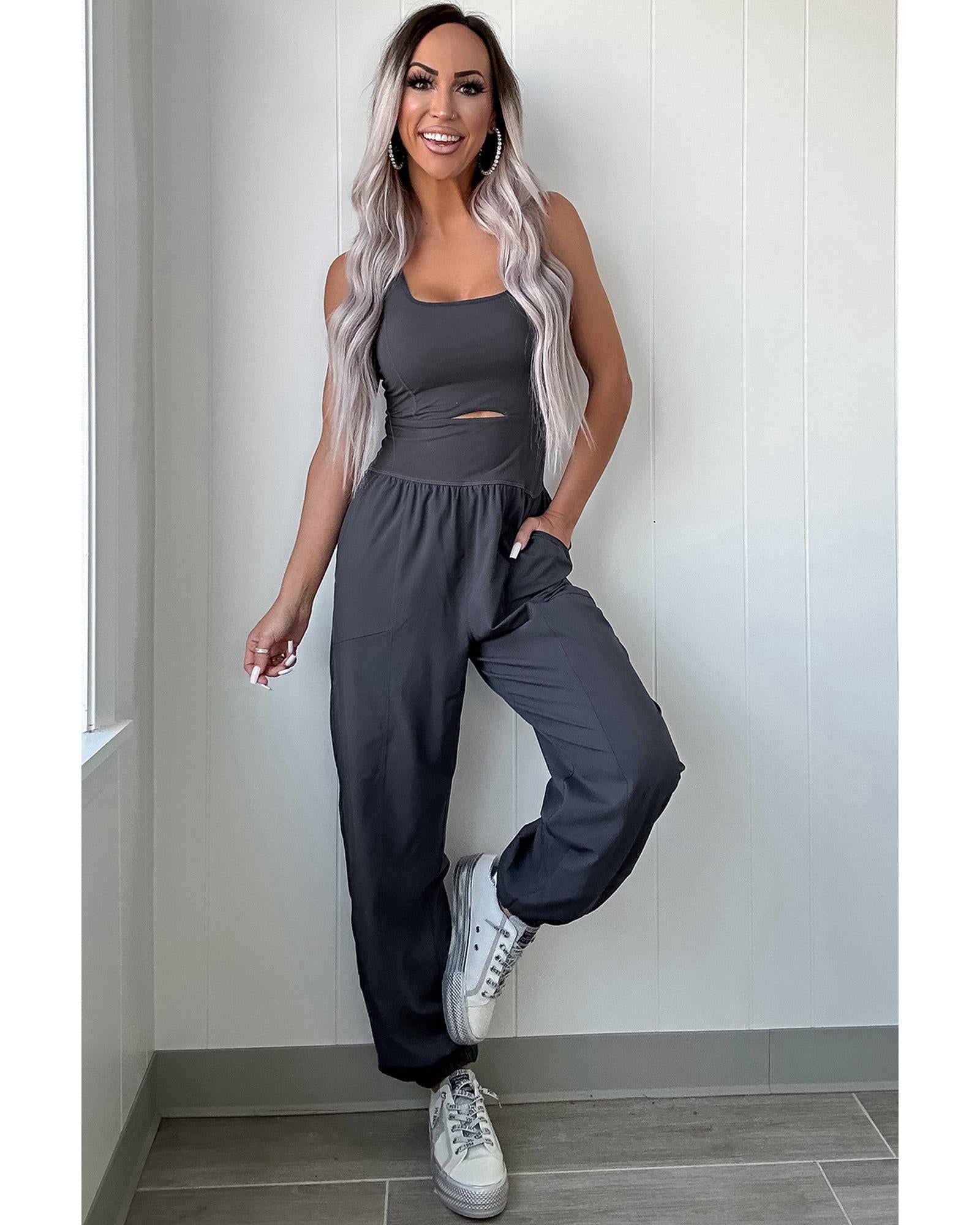 Carbon Grey Back Crossed Straps Hollow Out Jogger Jumpsuit - XL