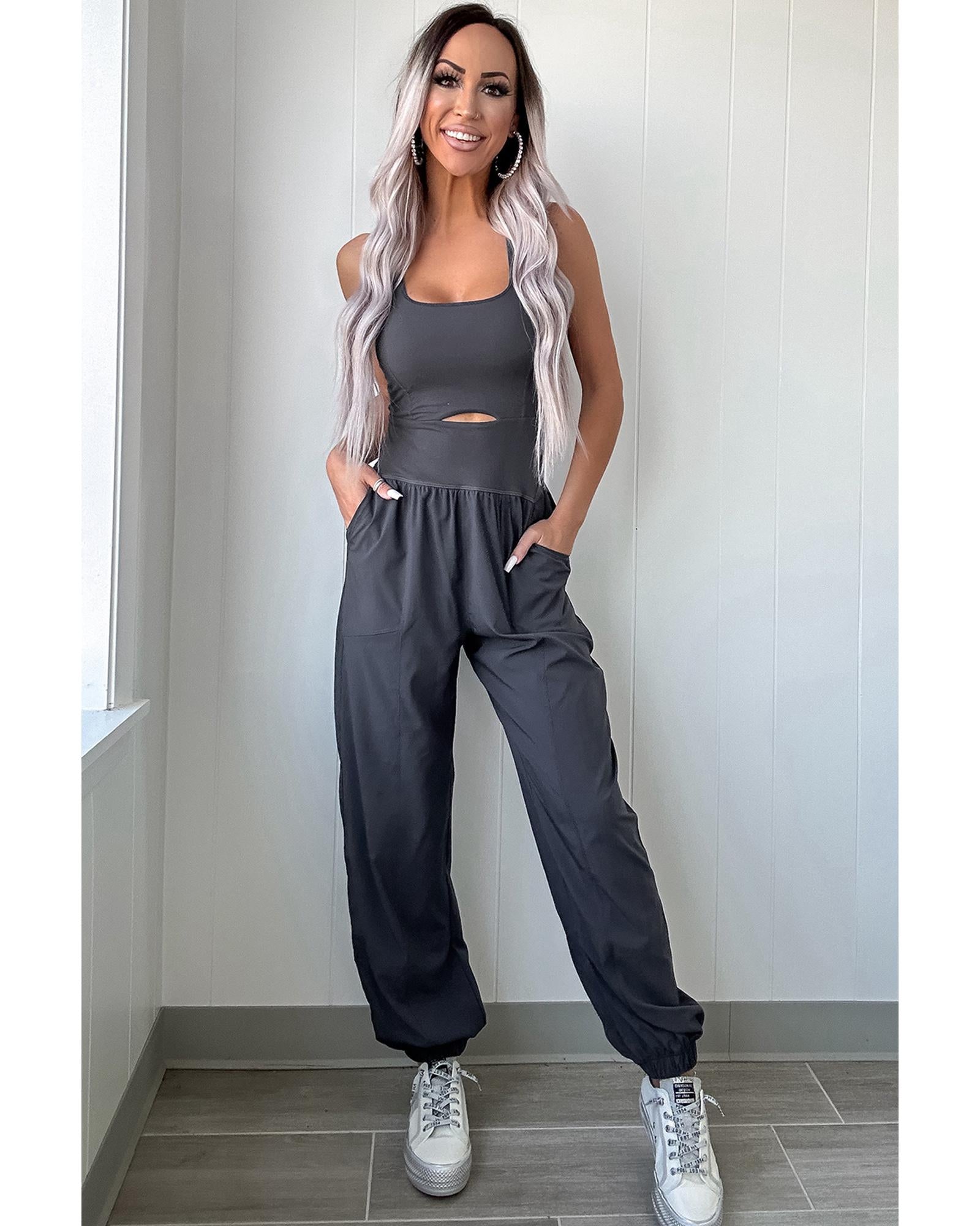 Carbon Grey Back Crossed Straps Hollow Out Jogger Jumpsuit - XL