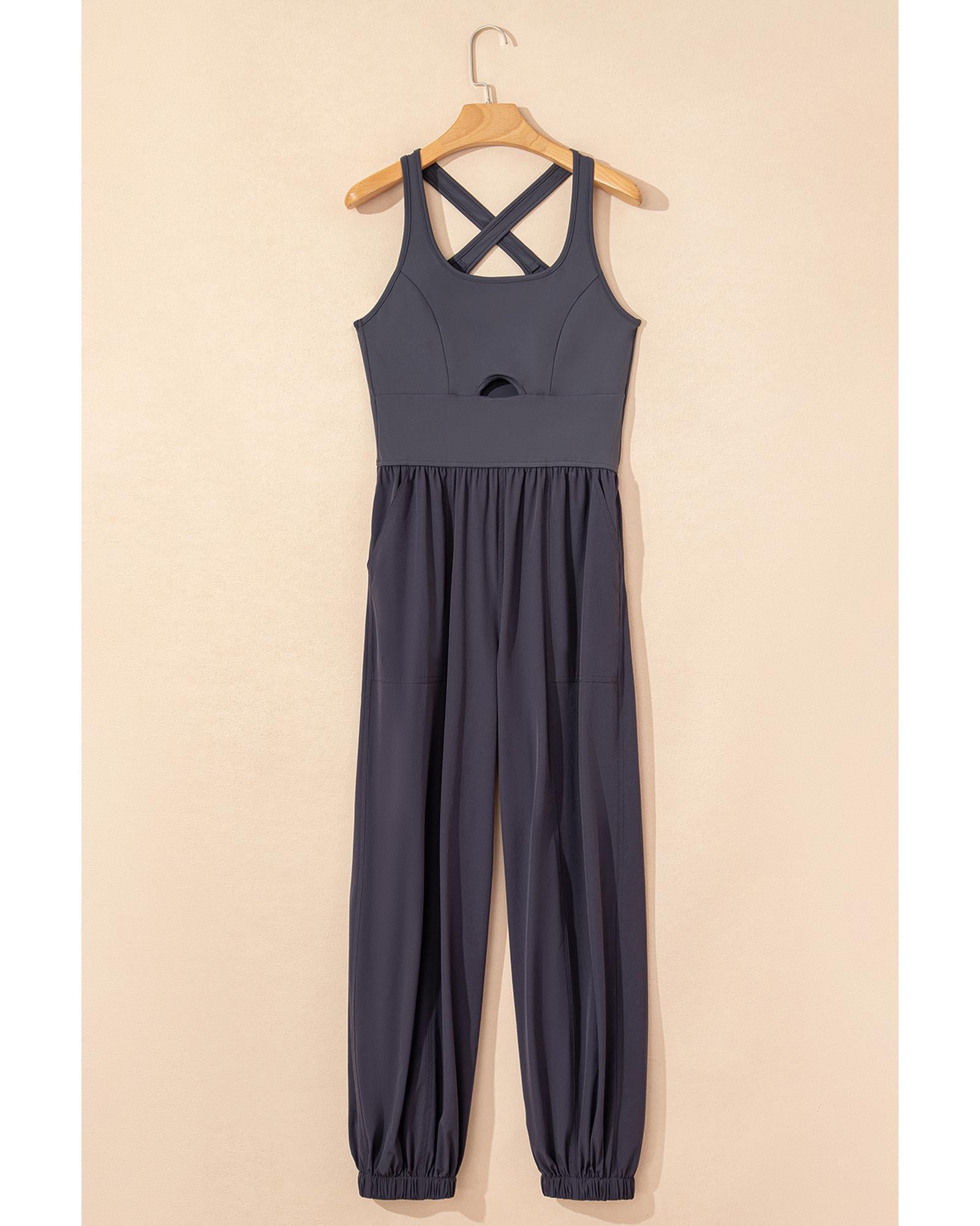 Carbon Grey Back Crossed Straps Hollow Out Jogger Jumpsuit - XL