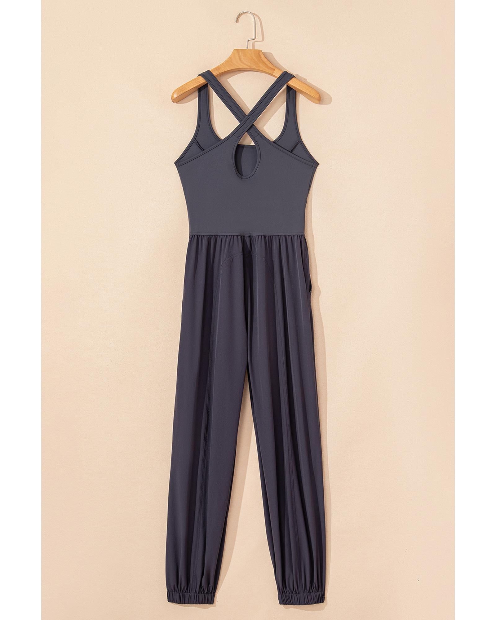 Carbon Grey Back Crossed Straps Hollow Out Jogger Jumpsuit - XL