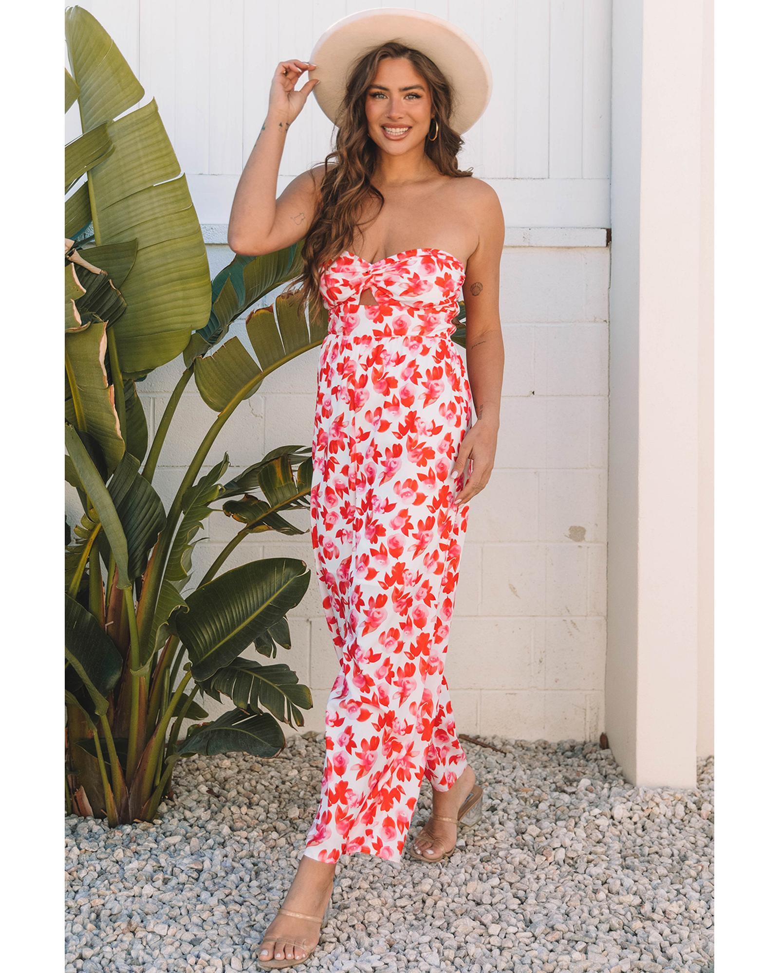 Pink Floral Print Twisted Bandeau Keyhole Pleated Wide Leg Jumpsuit - L
