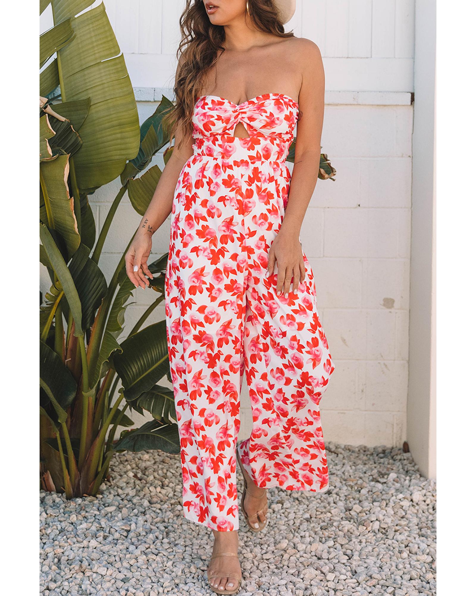Pink Floral Print Twisted Bandeau Keyhole Pleated Wide Leg Jumpsuit - L