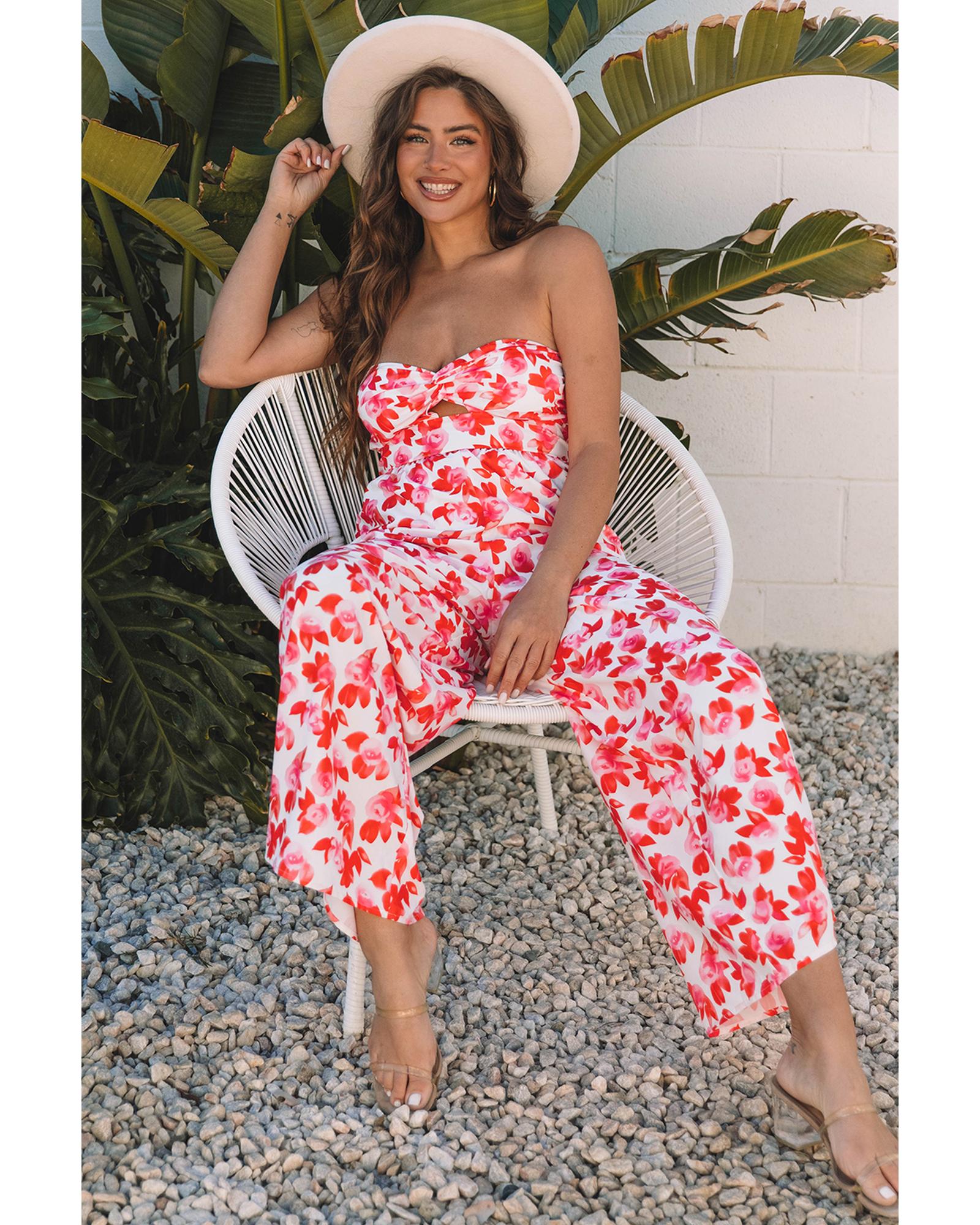 Pink Floral Print Twisted Bandeau Keyhole Pleated Wide Leg Jumpsuit - M