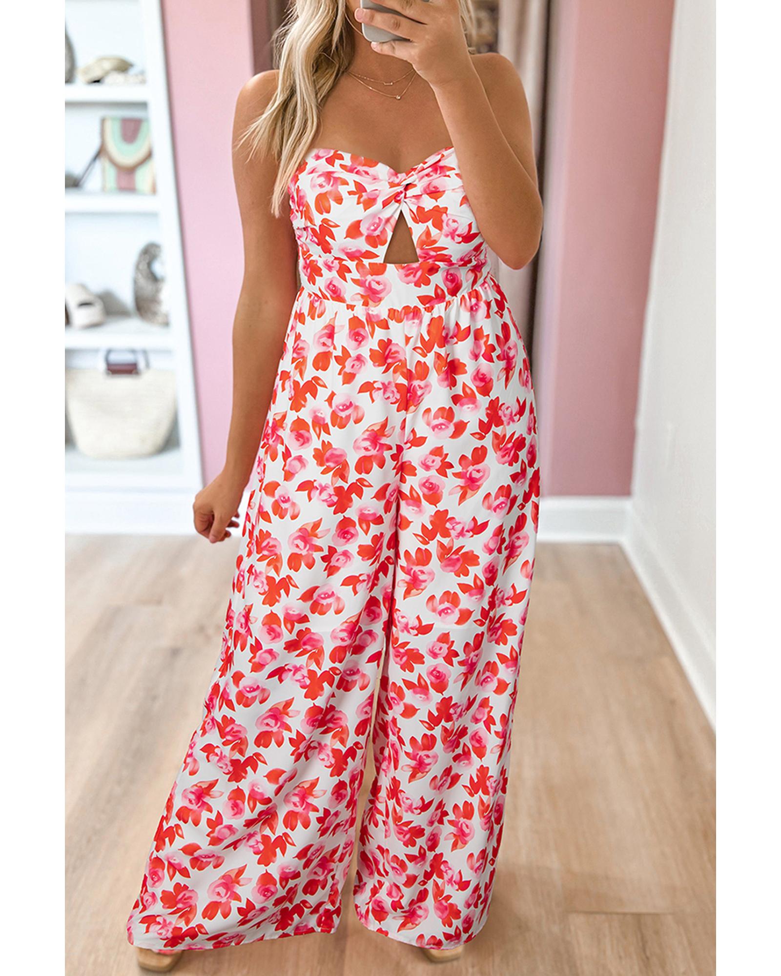 Pink Floral Print Twisted Bandeau Keyhole Pleated Wide Leg Jumpsuit - M