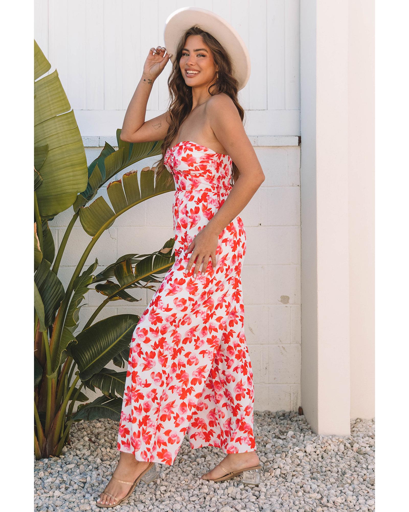 Pink Floral Print Twisted Bandeau Keyhole Pleated Wide Leg Jumpsuit - XL