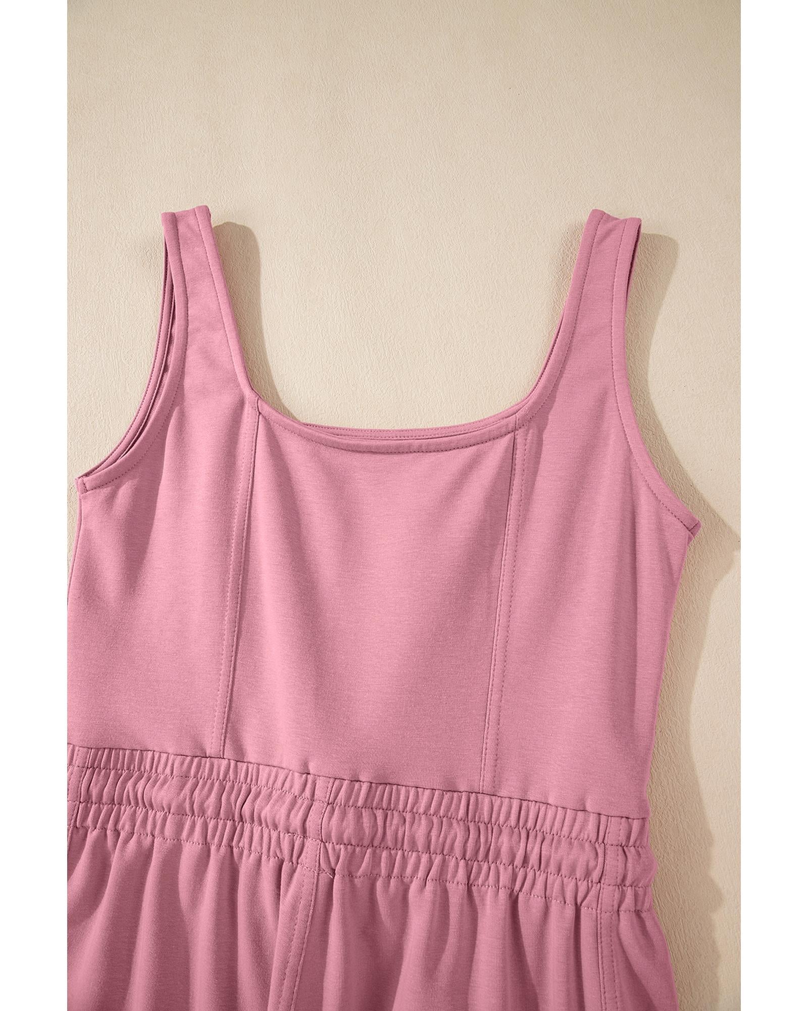 Light Pink Lace-up Elastic Waist Sleeveless Square Neck Jumpsuit - M